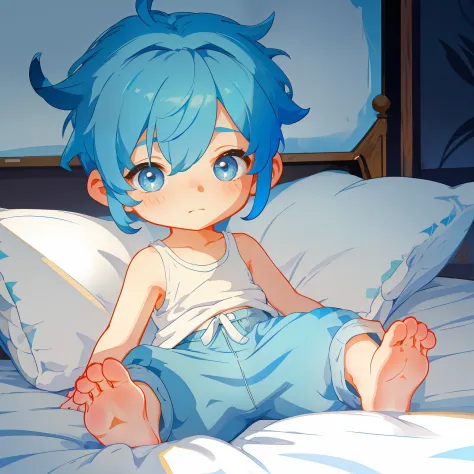 4K), Cute 7 year old little boy with small feet and short legs with light blue hair and barefoot and tight tight white sweatpants, Lies down on the bed and shows his feet, Regentag, Nebel Licht, Impressionismus, 2D, Feet in focus,