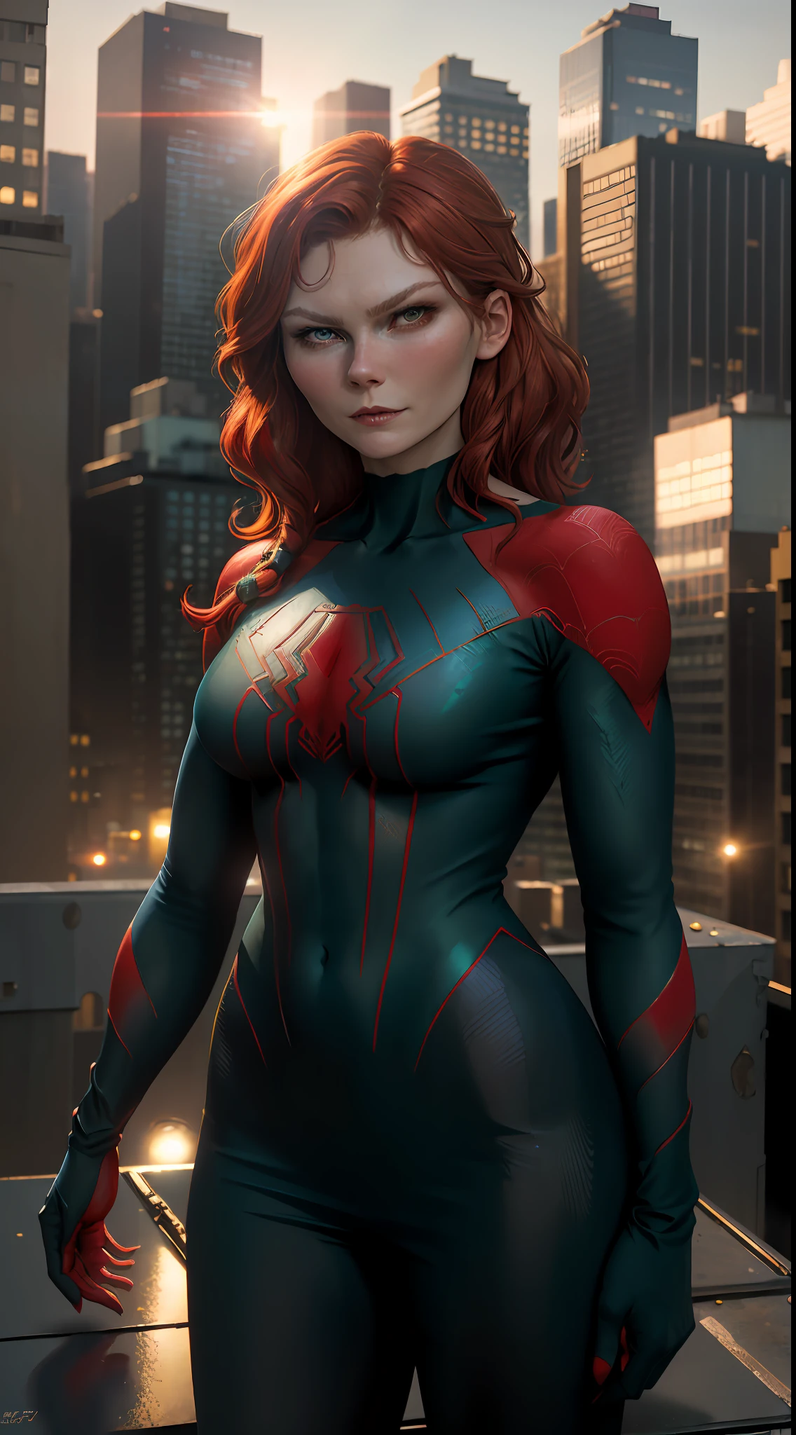 ((young Kirsten Dunst)), ((Mary Jane Watson)), (Masterpiece, 4k resolution, ultra-realistic, very detailed), (dark aquamarine superhero theme, charismatic, on top of town, wearing dark aquamarine Spider-Man costume, she's a superhero), [((25 years), (long red hair:1.2), full body, (green eyes:1.2), ((Spider-Man pose), show of strength, standing on a roof), ((sandy urban environment):0.8), (cityscape, dynamic lights), (sunlight))]