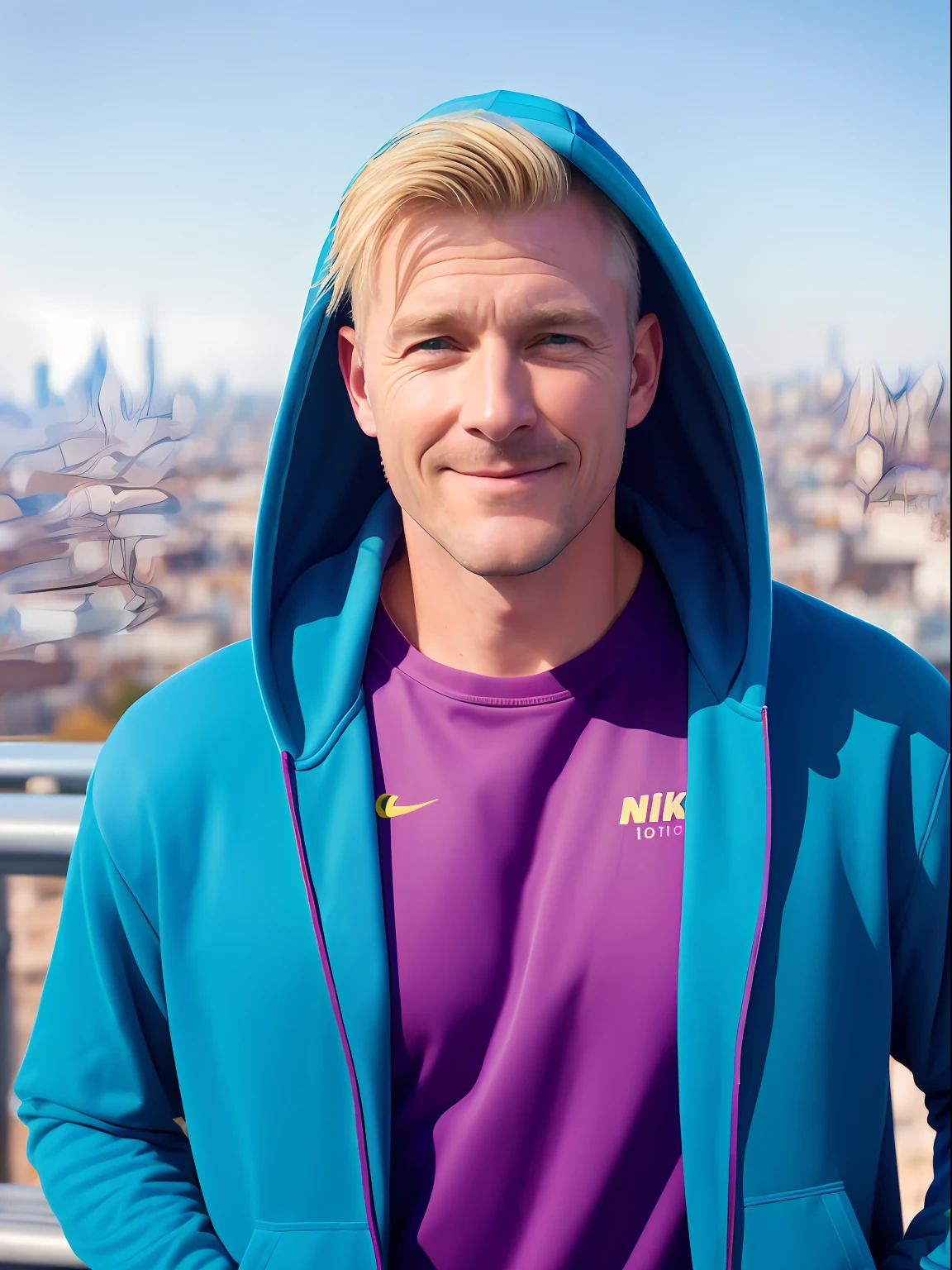 Un hombre guapo con una sudadera con capucha de mediana edad, mira al espectador, Festival de colores Holi, Tipo de apariencia europea, rostro europeo, Ojos verdes y cabello rubio.,  sonriente, Con el telón de fondo de una ciudad soleada, muchos detalles, rayos de sol, гипердетальный POV, por lee jeffries, Nikon D850, Rollo de cámara, 4 Kodak Portra 400, Lente de cámara F1.6, colores saturados, Un hiperrealista, textura realista, iluminación espectacular, Cinestill 800,