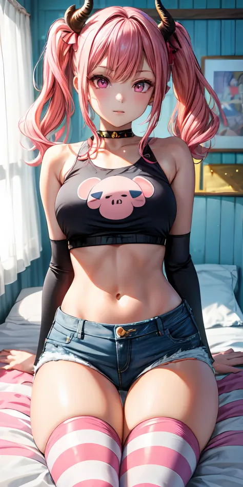 (masterpiece, best quality), 1girl, pink hair, crop top, denim shorts, bedroom, striped thighhighs, twin tails, long pig tails, oni horns, oni, detailed pink eyes, ombre pink eyes