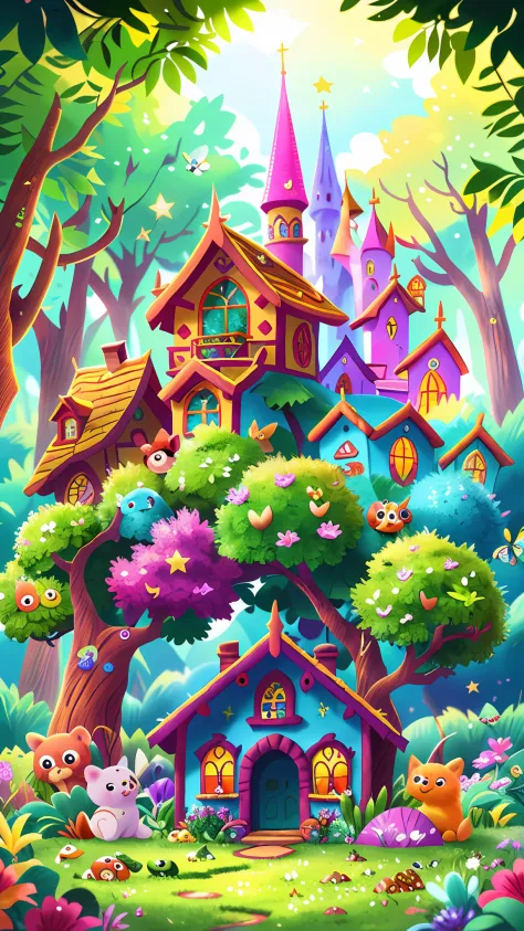 A magical, enchanted place, full of sparkles, magical animals, very colorful, perfect quality, clear focus (mess - house: 0.8), ...