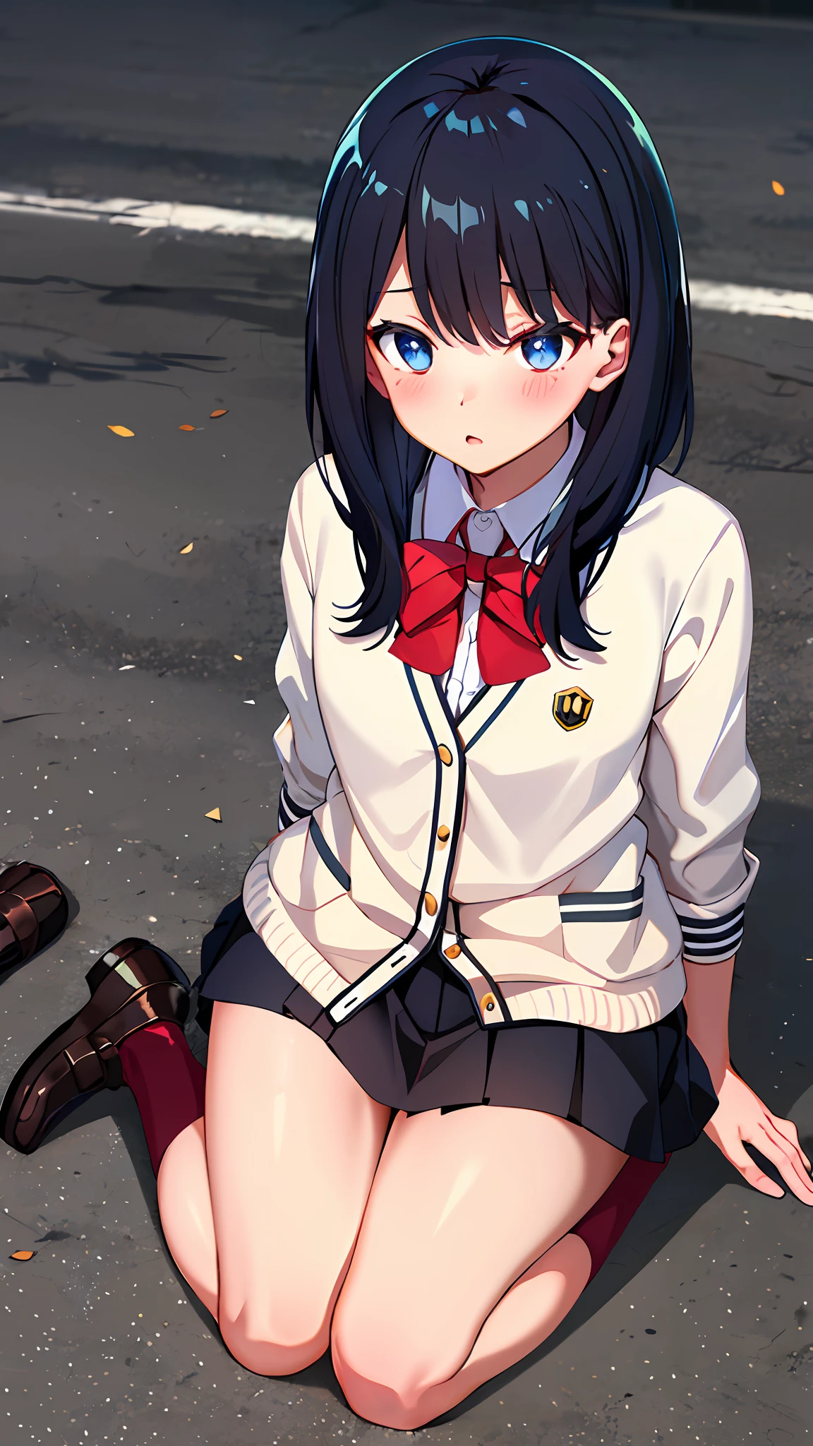 ​masterpiece, top-quality, Hi-Res, rikka1, 1girl, Takarada Rikka, A dark-haired, 独奏, blue eyess, wrist scrunchie, length hair, red socks, student clothes, a black skirt, bangss, pleatedskirt, orange scrunchie, Red ribbons, White cardigan, long-sleeve, a bow tie, white  shirt, a miniskirt, White sweater, Sitting on the ground with his knees upright, staring at me with a blush.