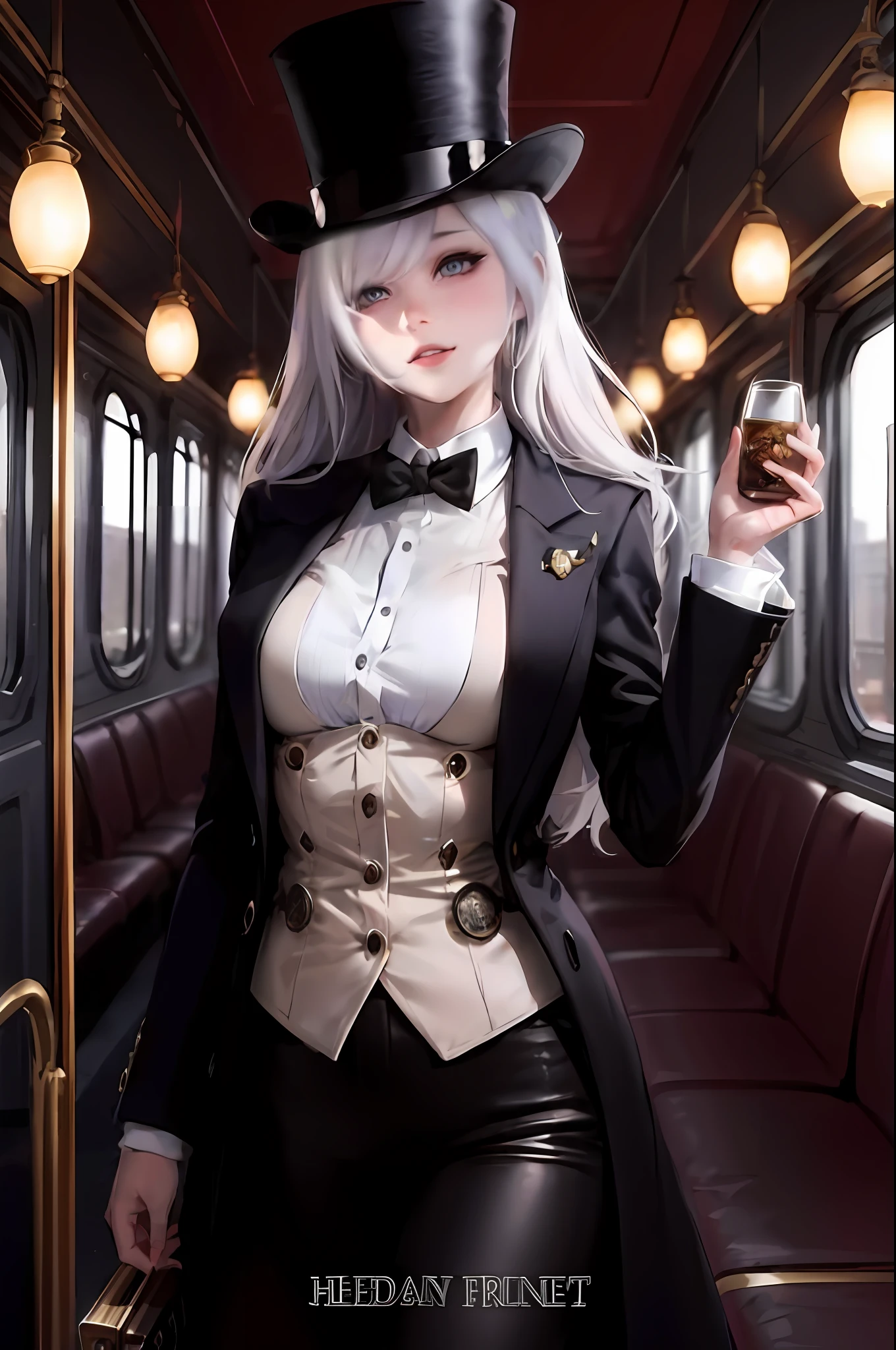 There's a woman in a top hat and jacket on a train, steampunk mulher anime bonita, cosplay glamouroso elegante, Anime Garota Cosplay, personagem de anime; arte de corpo inteiro, cosplay profissional, Anime cosplay, de meninas da linha de frente, cosplay glamouroso, anime mulher fullbody arte, steampunk aesthetic, Yoko Taro, cosplay ornamentado, epic and elegant portrait, Traje de alta qualidadearte oficial, Unity 8k papel de parede, ultra detalhado, handsome and aesthetic, belo, obra-prima, melhor qualidade, retrato, (finamente detalhado belos olhos: 1.2), shalltear, bonito, middlebreasts, pale skinned, (olhos azuis brilhantes: 1.1), cabelo grisalho longo, rabo de cavalo, (gorro, large hair tie: 1.2), (vestido preto babado: 1.2), (mangas longas: 1.1), pose cativante, arms at side, olhos azuis, sorriso, presa, blush,  Split lips, sedutores, lascivos, hand on own face, head tilt, (olhando para o espectador:1.1), parte superior do corpo, de cima, sala do trono,