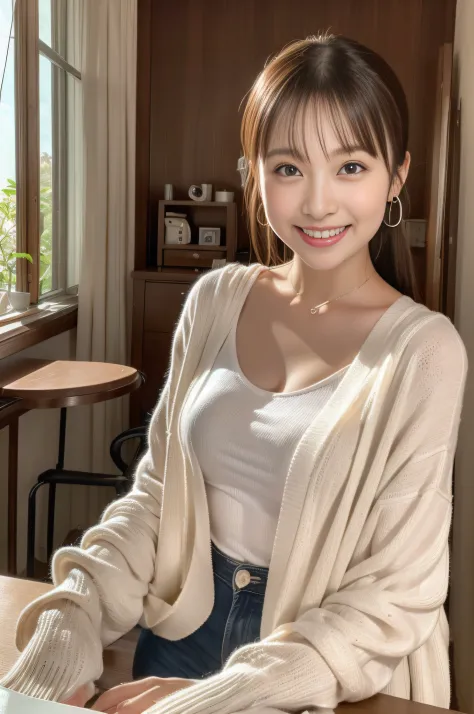 (8K、Raw photography、top-quality、​masterpiece:1.2)、(realisitic、Photorealsitic:1.37)、ultra-detailliert、超A high resolution、1 fair-skinned girl、beautifull detailed face、poneyTail、Cardigan、(glowing earrings)、A smile、open terrace、sit a chair、Tea on the desk