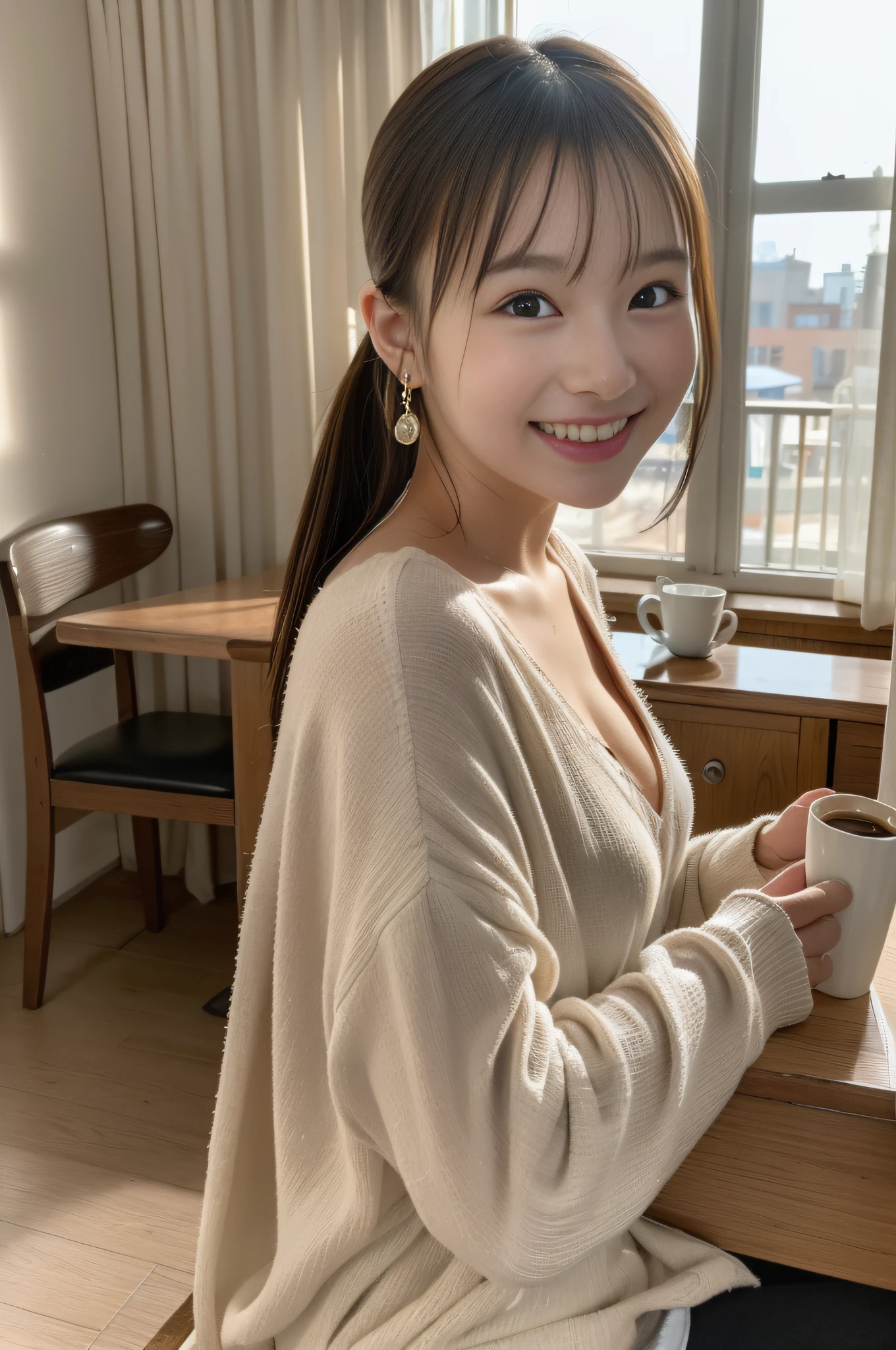 (8K、Raw photography、top-quality、​masterpiece:1.2)、(realisitic、Photorealsitic:1.37)、ultra-detailliert、超A high resolution、1 fair-skinned girl、beautifull detailed face、poneyTail、layered clothes、(glowing earrings)、A smile、Coffee shop with open terrace、sit a chair、Tea on the desk