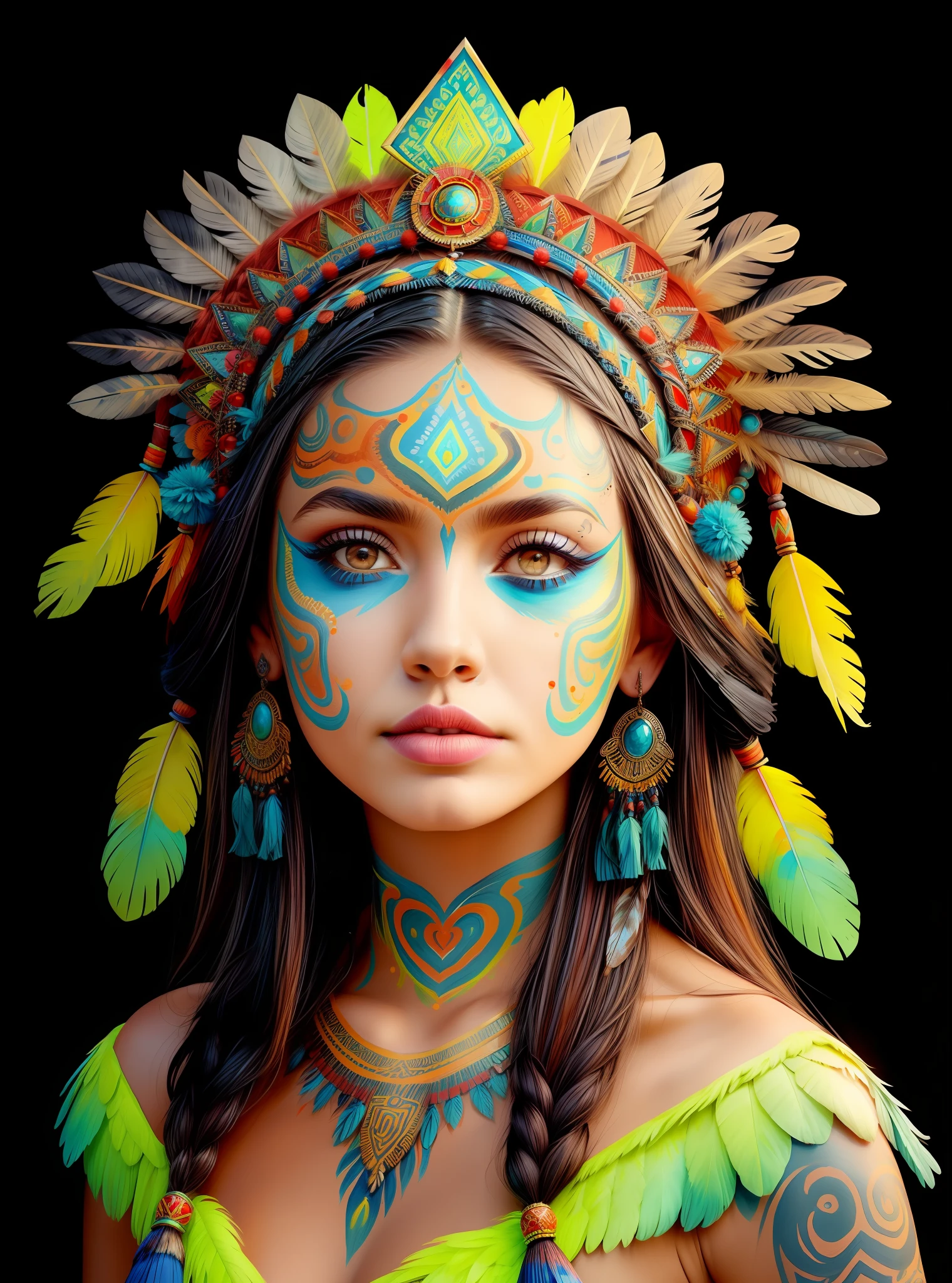 arafed woman in a feather headdress with feathers on her head,(((painted face))), aztec princess portrait, wearing crown of bright feathers, girl with feathers, beautiful young female shaman,painted face,(((Fluorescent))), she is dressed in shaman clothes, feathered headdress,sternum tattoo, ornate headdress, a young female shaman, angelina jolie uhd, headdress, : native american shamen fantasy, centered headdress,painted face,Fluorescent.