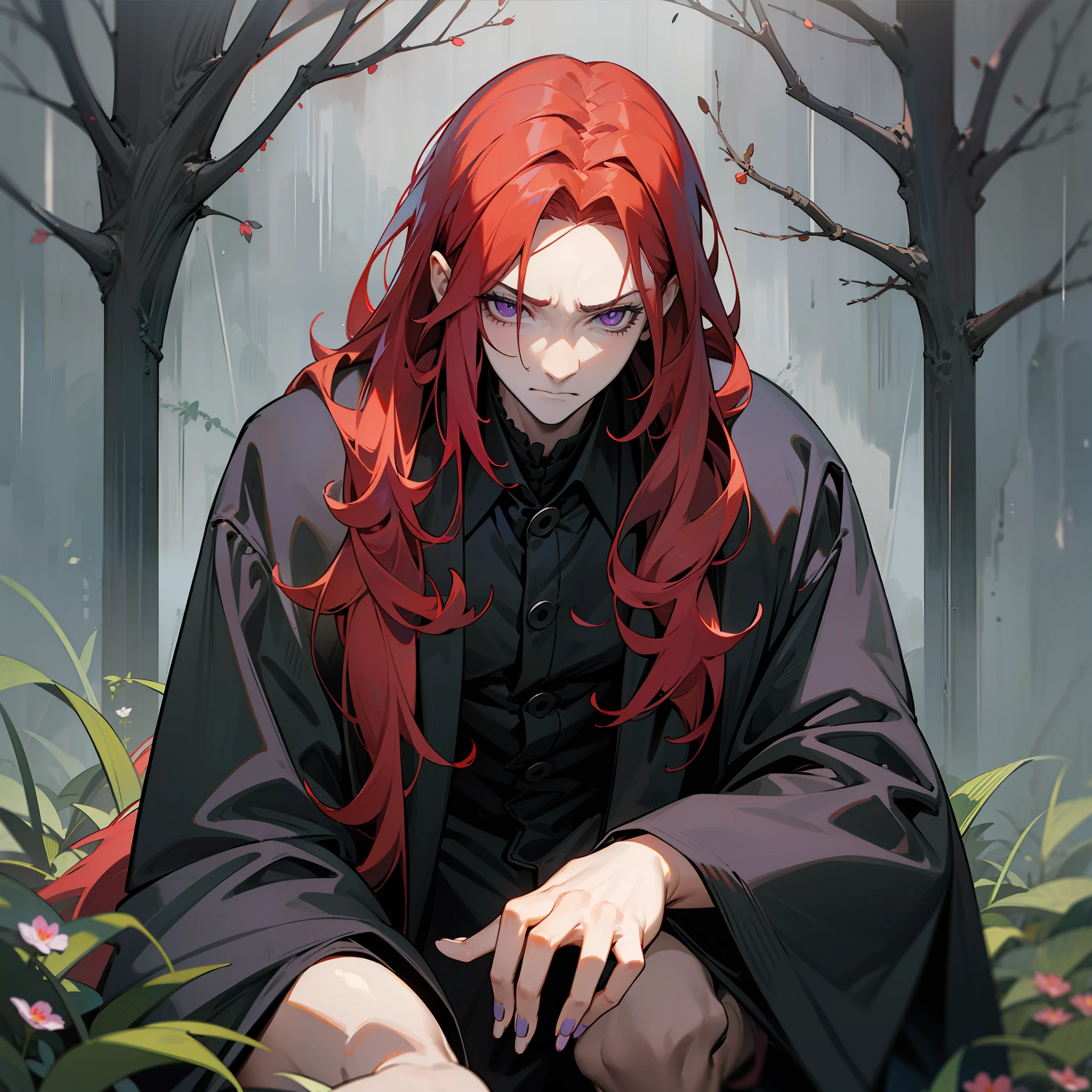 that's what a real vampire should look like! a tall, handsome 1man, with a pleasant narrow pale face, long straight red hair, purple eyes, he is dressed in a black shirt and a raincoat, like a classic Dracula. He is kneeling on the dark grass, one of his hands is also lowered to the ground, demonstrating long fingers and a sharp manicure. His face is sad and exhausted, and his free hand covers half of his face. On the background is a dark forest, night, rain, a shadow is superimpose