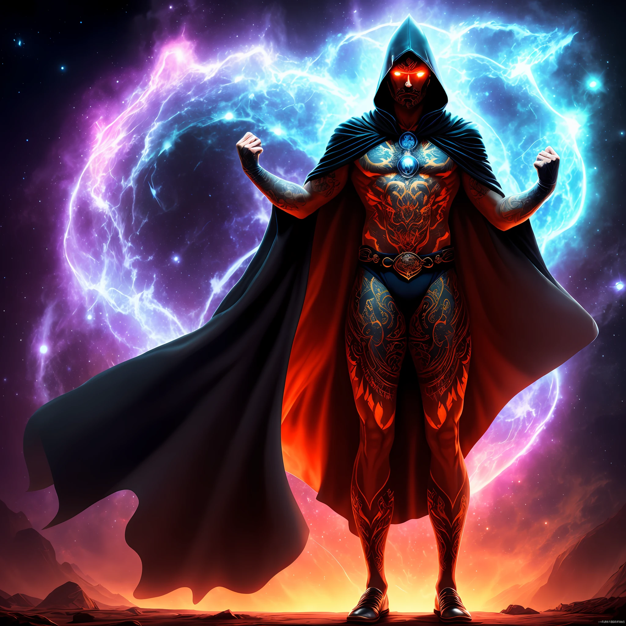 A man in a cape and caped standing in front of a glowing orb - SeaArt AI