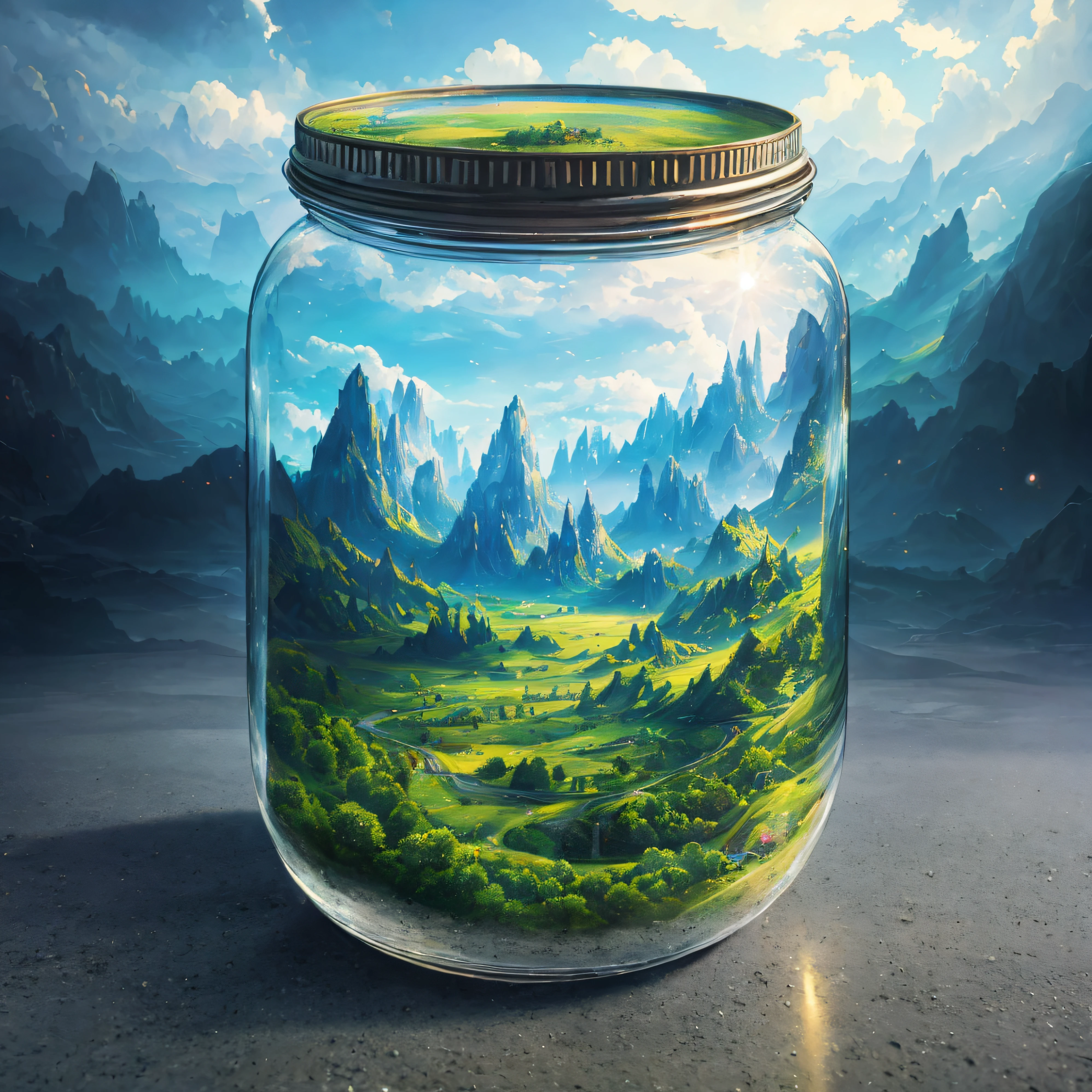 there is a jar with a picture of a landscape inside of it, una pintura fotorrealista de Beeple, Ganador del concurso Behance, fantasy art, dreamscape in a jar, recusion beeple, Ilustraciones de Beeple, Arte de Beeple, Arte digital surrealista, Arte surrealista, Obra maestra de Beeple, Beeple. Hiperrealismo