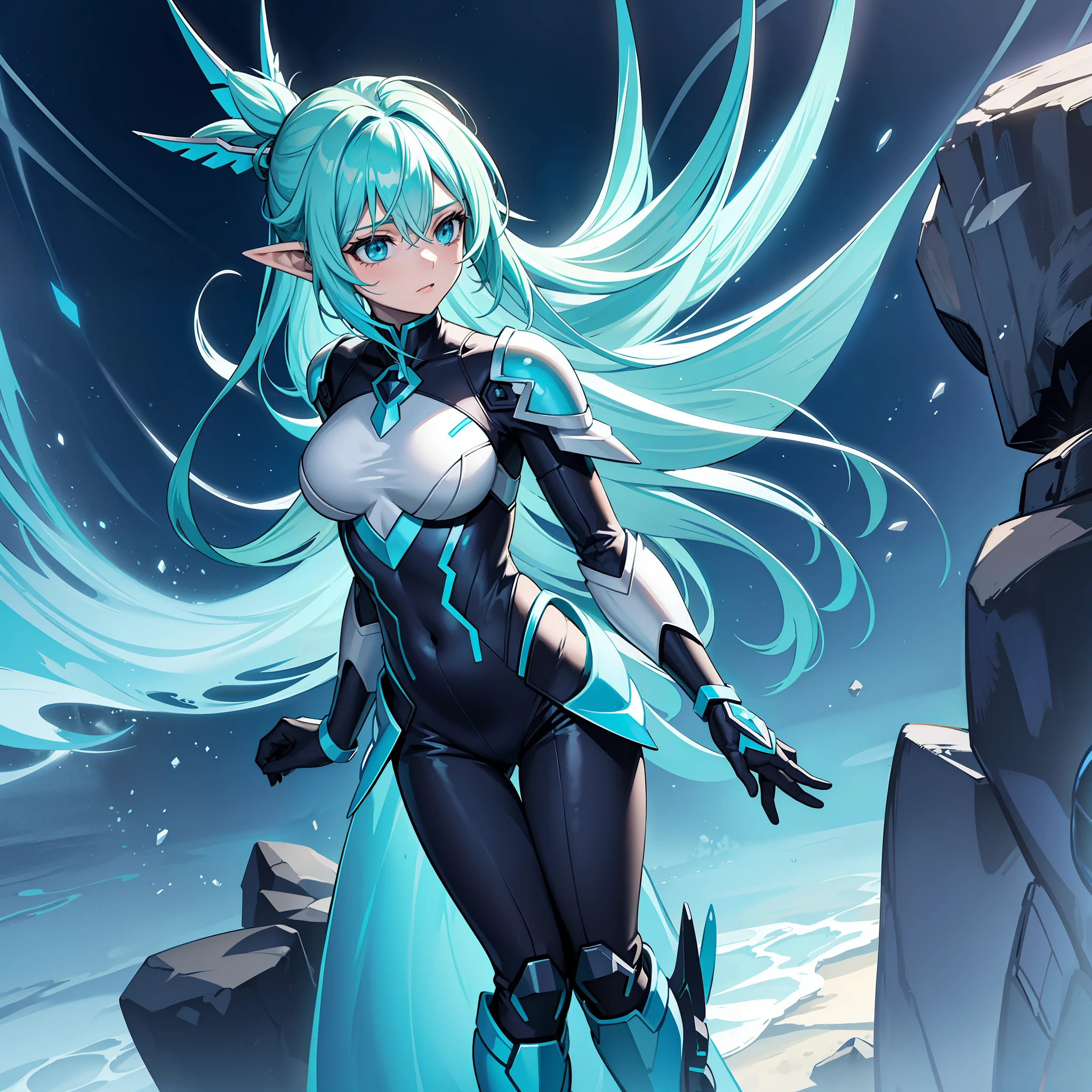 Fairy, aqua fairy wings, iridescent scifi-like aqua-blue armor, a crest of dark aqua hair, standing on a beach at night during a storm, masterpiece, best quality