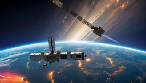 No horizonte, A space station shines, serving as a direct connection between Earth and outer space. Naves espaciais partem e chegam regularmente, Bringing human exploration to distant places in the cosmos.