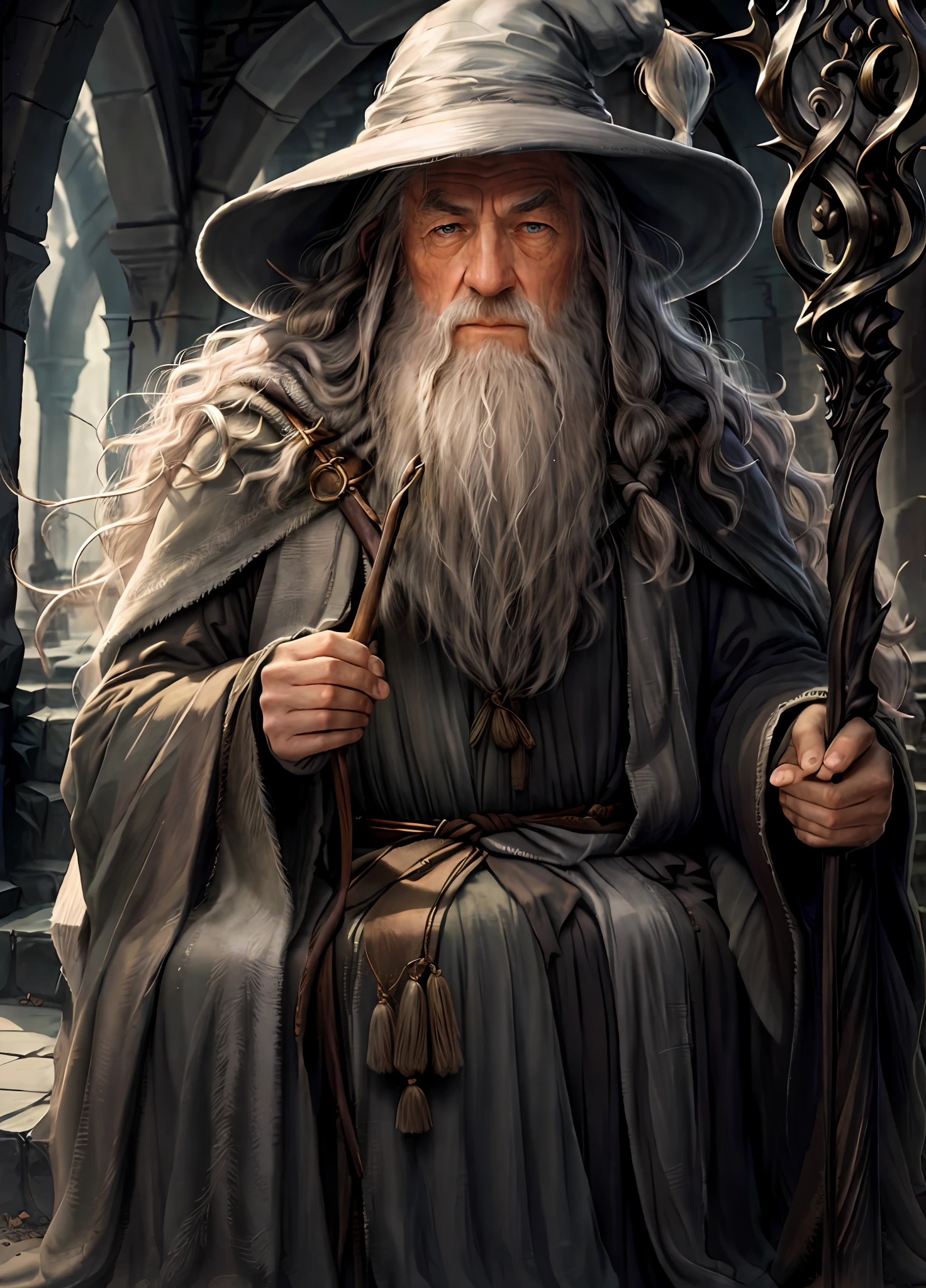 Gandalf, sábio, mago, Alto contraste, (Textura Natural da Pele, Hiperrealismo, Luz suave, afiado),