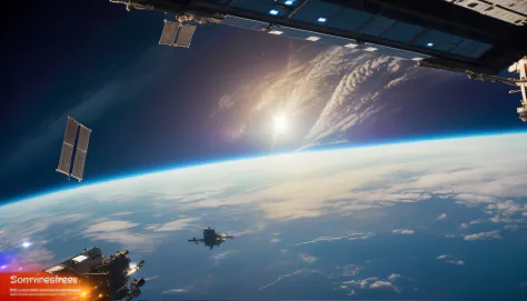 No horizonte, A space station shines, serving as a direct connection between Earth and outer space. Naves espaciais partem e chegam regularmente, Bringing human exploration to distant places in the cosmos.