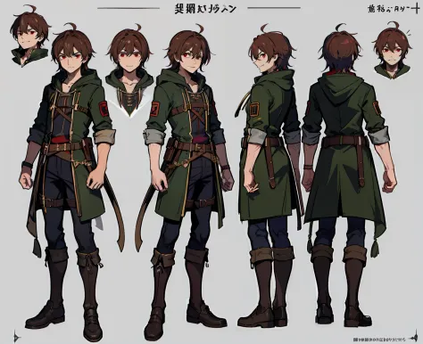 1man, reference sheet, matching outfit, (fantasy character sheet, front, left, right, back) Shady Man. Smug face, smile, evil expression, Typical rogue or troublemaker appearance. Light brown Unkempt hair, rough clothing, sly expression. Red eyes, Often we...