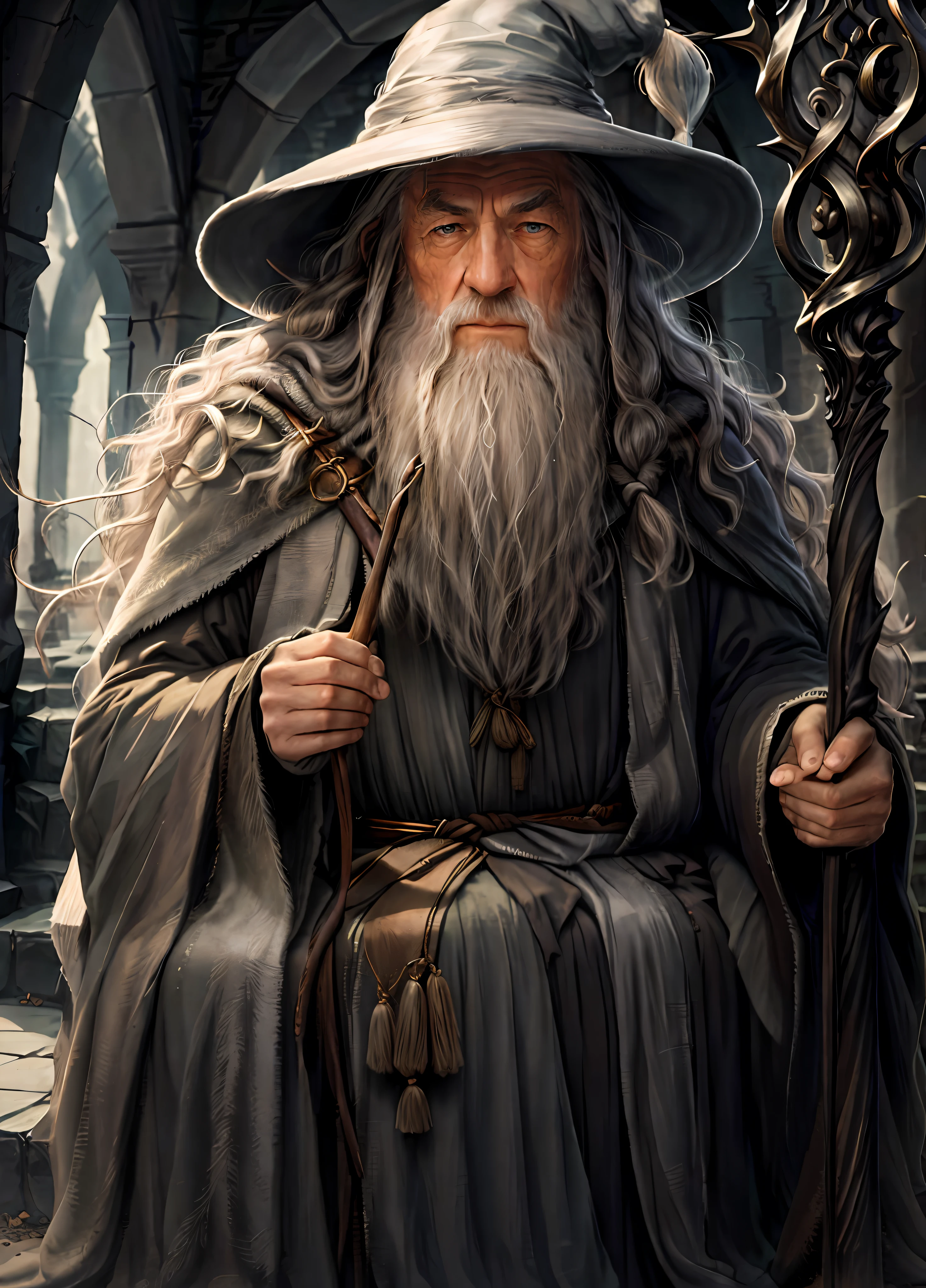 Gandalf, inteligente, mago, alto contraste, (textura natural de la piel, hyperrealism, Luz tenue, afilado),