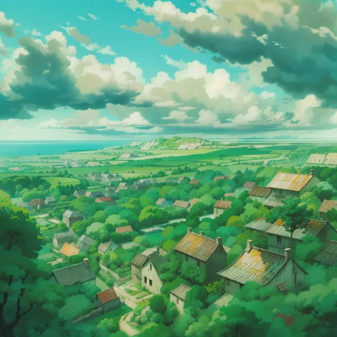 animesque、Skyscape with clouds、Landscape without buildings、You can see the touch of the brush、Studio Ghibli、Ghibli、a sultry、Scenery、Style、sky line