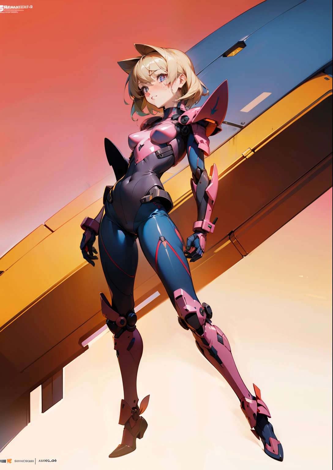 Octane Rendering,full view,8k --niji 5, (best quality, masterpiece, ultra-realistic), portrait of 1 beautiful girl, (head to toe full body image), 1girls, solo, (Bubblegum Crisis style body armor: 2.0), (Knight Saber body armor), female shape, robotic exoskeleton, sleek design, futuristic, late 90's anime style, smooth lines, powered exoskeleton, extremely stylized, deviant art, masterpiece, highly detailed, detailed eyes, expressive detailed eyes, detailed pupils, futuristic, blush, small breasts, lots of freckles, super textured detailed skin, entire body image, full body shot, Bubblegum Crash anime,