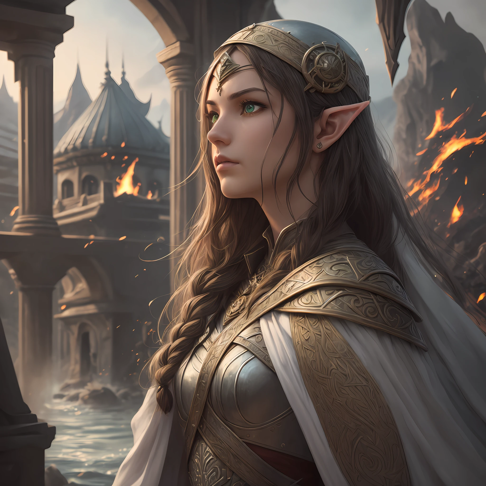 arafed, high details, best quality, 8k, [ultra detailed], masterpiece, best quality, (extremely detailed), dynamic angle, ultra wide shot, RAW, photorealistic, fantasy art, d&d art, a wide angle picture of a half elf cleric in  a temple near the lake, female, half elf (Masterpiece 1.5, intense details), black haired, green eyes, braided hair, long hair (Masterpiece, intense details), cleric, templar (1.3 Masterpiece, intense details dnd art), casting a spell (1.4 Masterpiece, intense details dnd art), wearing white plate mail armor with sigils ( 1.5 Masterpiece, intense details), carrying flaming sword (Masterpiece 1.5, intense details), wearing white cloak with sigils (Masterpiece 1.4, intense details), holy symbol, standing near a lake (Masterpiece 1.5, intense details), dawn light, backlight, dynamic angle, reflection (1.5 Masterpiece, intense details) glowing light, high details , ray tracing, reflection light, silhouette, wide shot, panorama, Ultra-Wide Angle, high detail, award winning, best quality, HD, 8K, 3D rendering, high details, best quality, highres, ultra wide angle, 3D rendering, [[anatomically correct]]