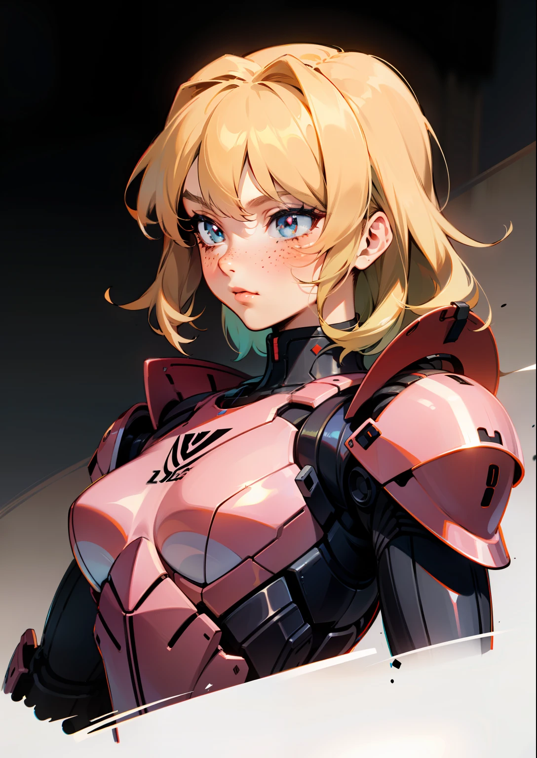 renderizado de octanaje,vista completa,8k-niji 5, (mejor calidad, obra maestra, Ultrarrealista), Retrato de 1 hermosa chica, (imagen de cuerpo completo de pies a cabeza), 1 chicas, solo, (Armadura corporal estilo Bubblegum Crisis: 2.0), (Armadura de caballero sable), forma femenina, exoesqueleto robótico, Diseño elegante, futuristic, estilo anime de finales de los 90, lineas suaves, exoesqueleto motorizado, extremadamente estilizado, arte desviado, obra maestra, muy detallado, ojos detallados, expressive ojos detallados, alumnos detallados, futuristic, rubor, senos pequeños, muchas pecas, piel detallada súper texturizada, imagen de cuerpo entero, tiro de cuerpo completo, El choque del chicle,