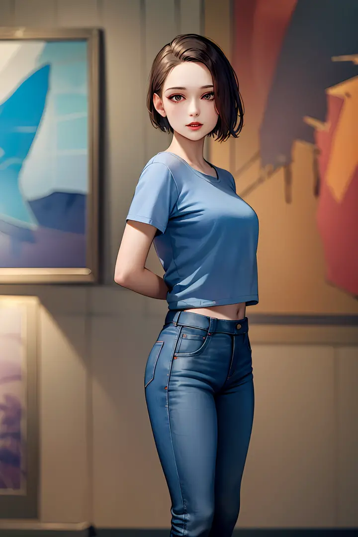 Russian girl with dark red lipstick blue shirt with glued pants and artistic background in the background