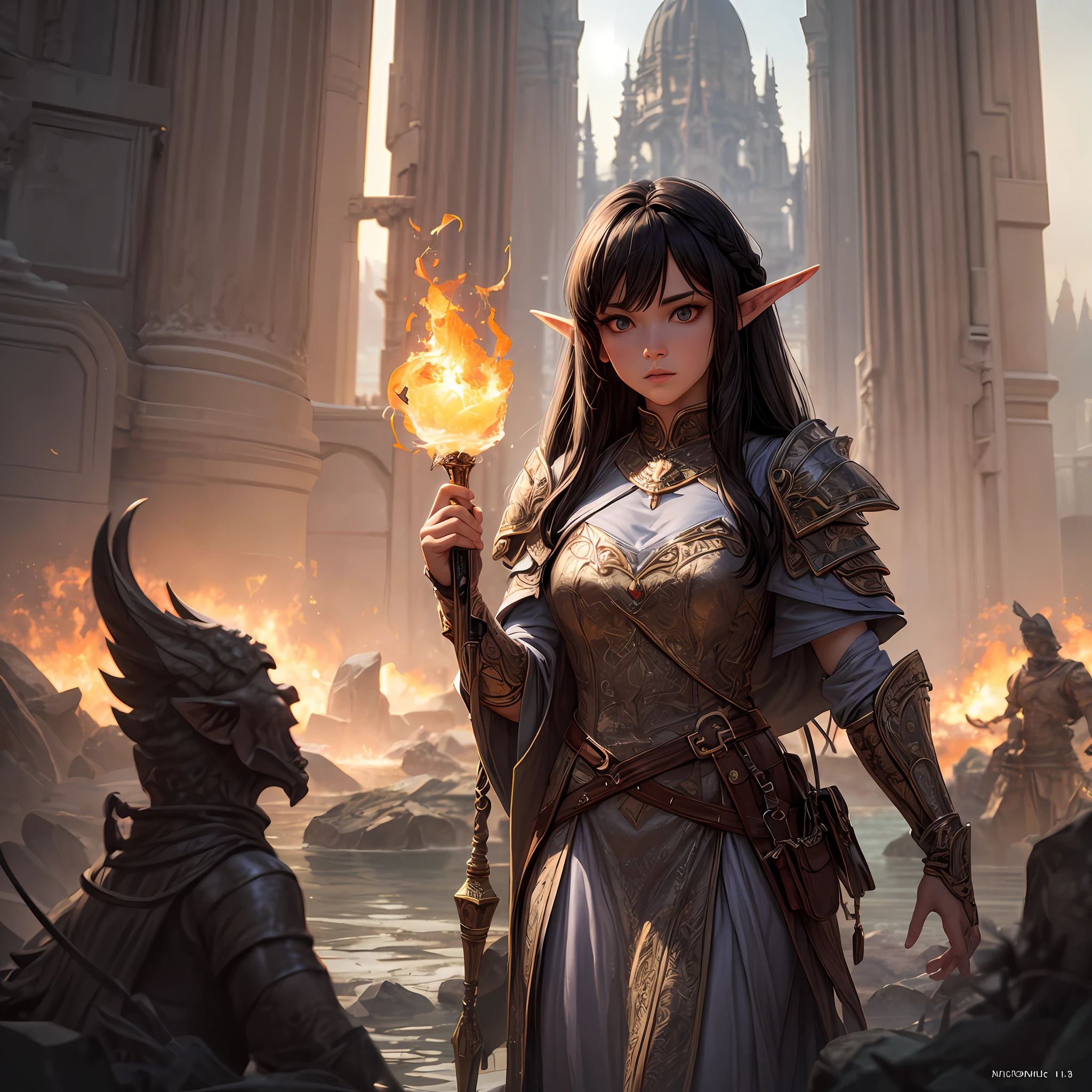 arafed, high details, best quality, 8k, [ultra detailed], masterpiece, best quality, (extremely detailed), dynamic angle, ultra wide shot, RAW, photorealistic, fantasy art, d&d art, a wide angle picture of a half elf cleric in  a temple near the lake, female, half elf (Masterpiece 1.5, intense details), black haired, green eyes, braided hair, long hair (Masterpiece, intense details), cleric, templar (1.3 Masterpiece, intense details dnd art), casting a spell (1.4 Masterpiece, intense details dnd art), wearing white plate mail armor with sigils ( 1.5 Masterpiece, intense details), carrying flaming sword (Masterpiece 1.5, intense details), wearing white cloak with sigils (Masterpiece 1.4, intense details), holy symbol, standing near a lake (Masterpiece 1.5, intense details), dawn light, backlight, dynamic angle, reflection (1.5 Masterpiece, intense details) glowing light, high details , ray tracing, reflection light, silhouette, wide shot, panorama, Ultra-Wide Angle, high detail, award winning, best quality, HD, 8K, 3D rendering, high details, best quality, highres, ultra wide angle, 3D rendering, [[anatomically correct]]