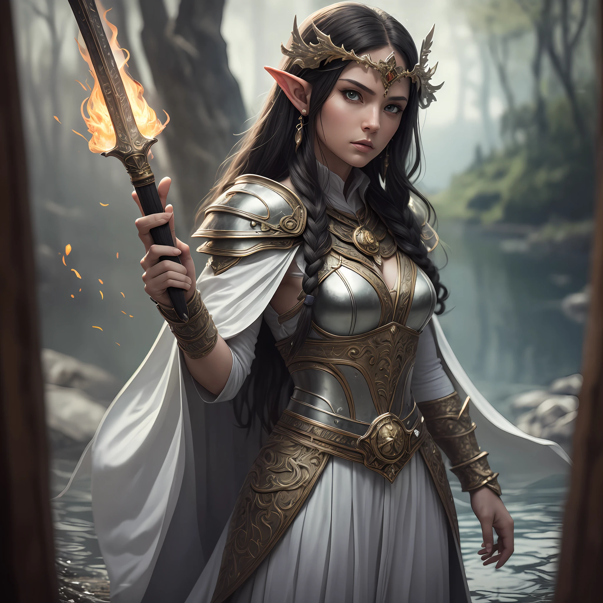 arafed, high details, best quality, 8k, [ultra detailed], masterpiece, best quality, (extremely detailed), dynamic angle, ultra wide shot, RAW, photorealistic, fantasy art, d&d art, a wide angle picture of a half elf cleric in  a temple near the lake, female, half elf (Masterpiece 1.5, intense details), black haired, green eyes, braided hair, long hair (Masterpiece, intense details), cleric, templar (1.3 Masterpiece, intense details dnd art), casting a spell (1.4 Masterpiece, intense details dnd art), wearing white plate mail armor with sigils ( 1.5 Masterpiece, intense details), carrying flaming sword (Masterpiece 1.5, intense details), wearing white cloak with sigils (Masterpiece 1.4, intense details), holy symbol, standing near a lake (Masterpiece 1.5, intense details), dawn light, backlight, dynamic angle, reflection (1.5 Masterpiece, intense details) glowing light, high details , ray tracing, reflection light, silhouette, wide shot, panorama, Ultra-Wide Angle, high detail, award winning, best quality, HD, 8K, 3D rendering, high details, best quality, highres, ultra wide angle, 3D rendering, [[anatomically correct]]