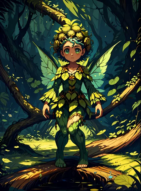 Fairy, brown and green fairy wings, forest green afro hairstyle, brown bark armor, feet turning to roots burrowing into the grou...