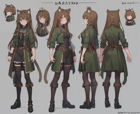 1girl, reference sheet, matching outfit, (fantasy character sheet, front, back, left, right) vibrant colors, female Neko. Feline features, soft furred ears atop head, tail swaying gracefully behind her. Light brown hair, Mesmerizing set of feline-like red ...
