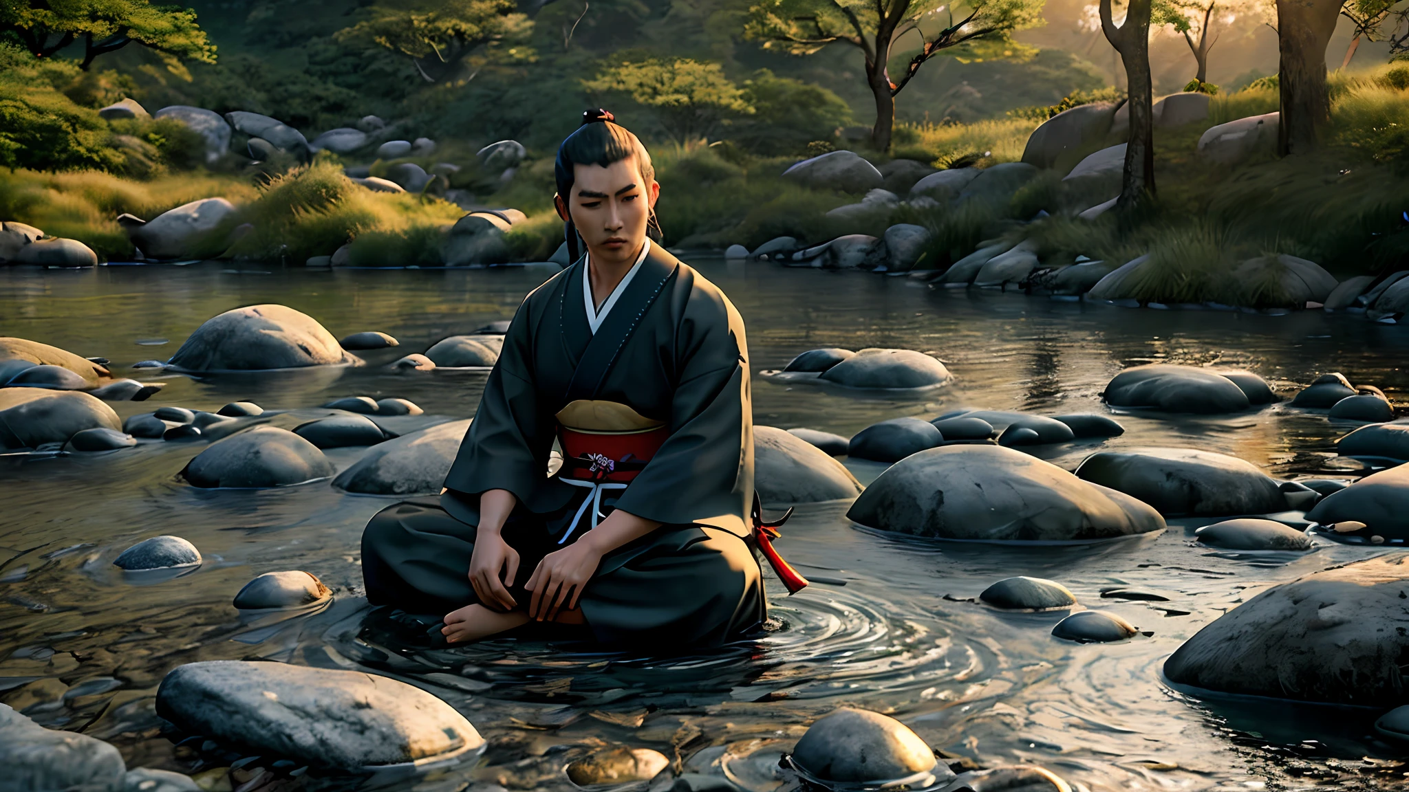 Samurai idoso, Meditando sentado, na beira de um rio cheio de pedras, no por do sol, foto ultra realista, detalhes do rosto perfeitos, sombras e luz perfeitas, foto ganhadora de premio