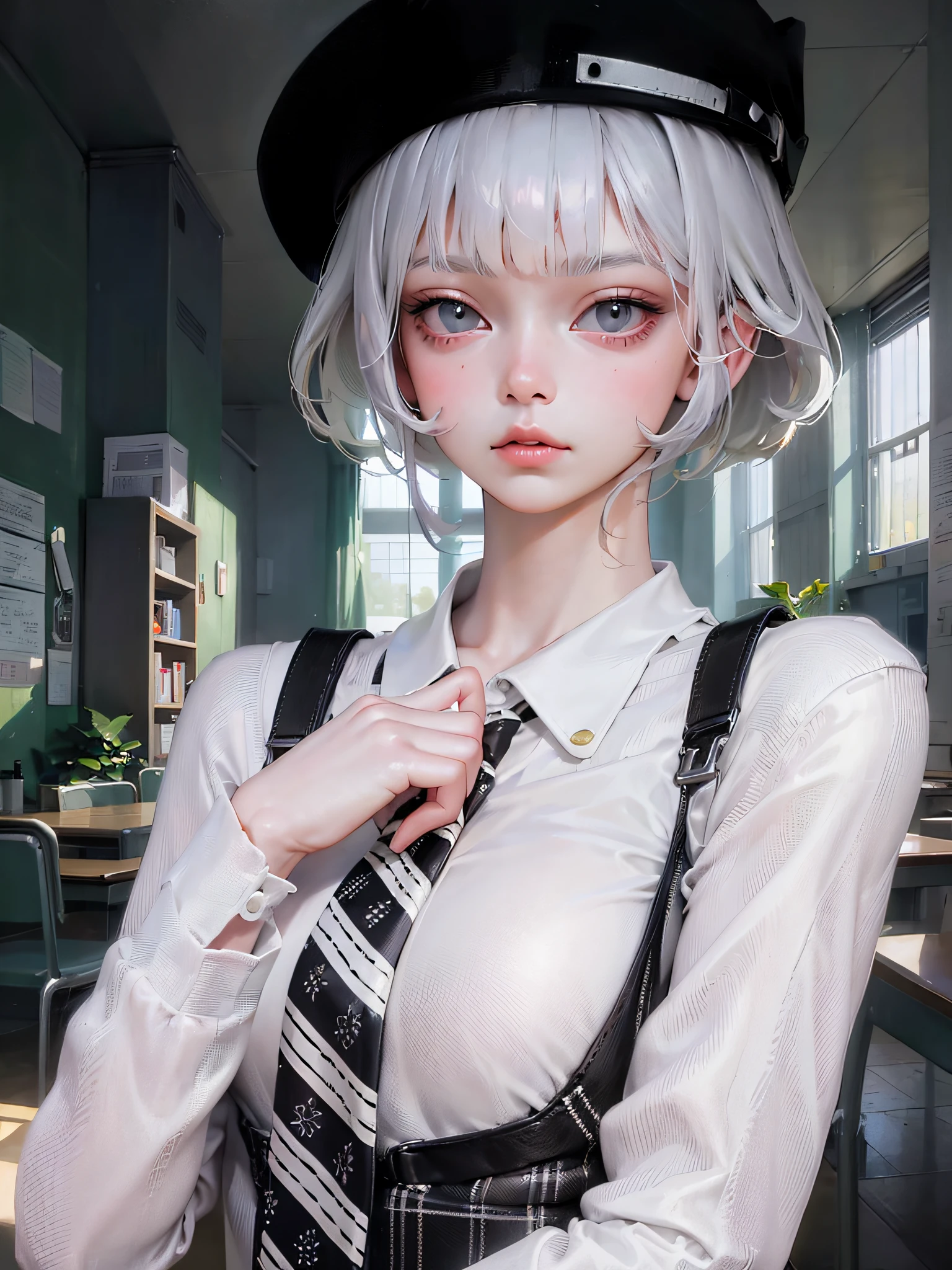 There is a woman in a tie and hat posing for a photo, Surrealism female students, Surrealism female students, Realistic schoolgirl, Kawaii realistic portrait, Shot on Canon EOS R 6,