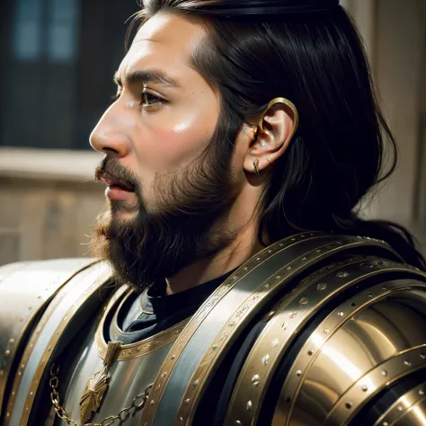 portrait, man with armor, arab with beard, medieval, side view, masterpiece, king