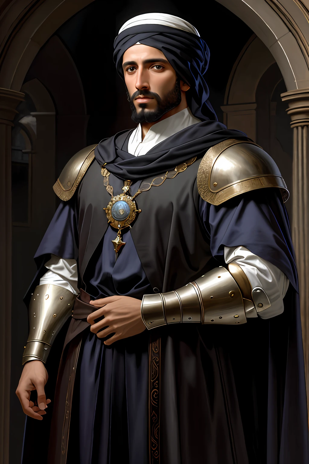 homem arafed em um terno de armadura em pé, Retrato, pintura renascentista do rei árabe, pintura digital renascentista, inspirado em Giovanni Lanfranco, pintura de um rei, realistic renaissance Retrato, medieval Retrato