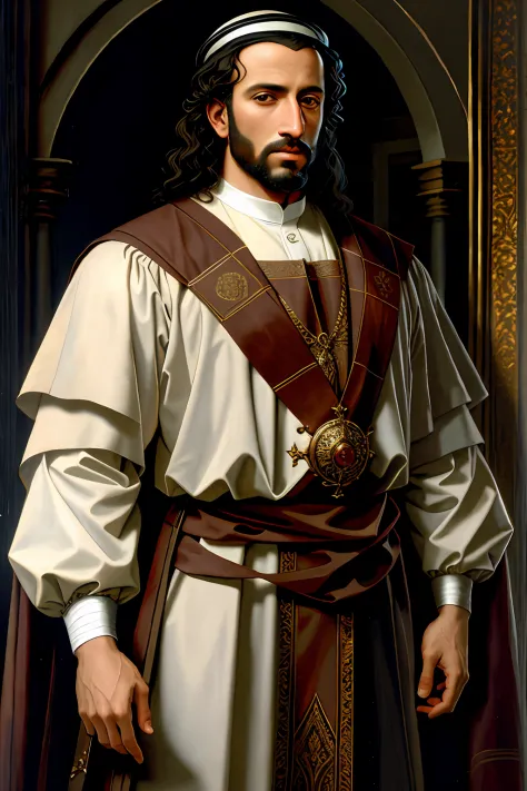 arafed man in a suit of armor standing, portrait, renaissance painting of arab king, renaissance digital painting, inspired by G...