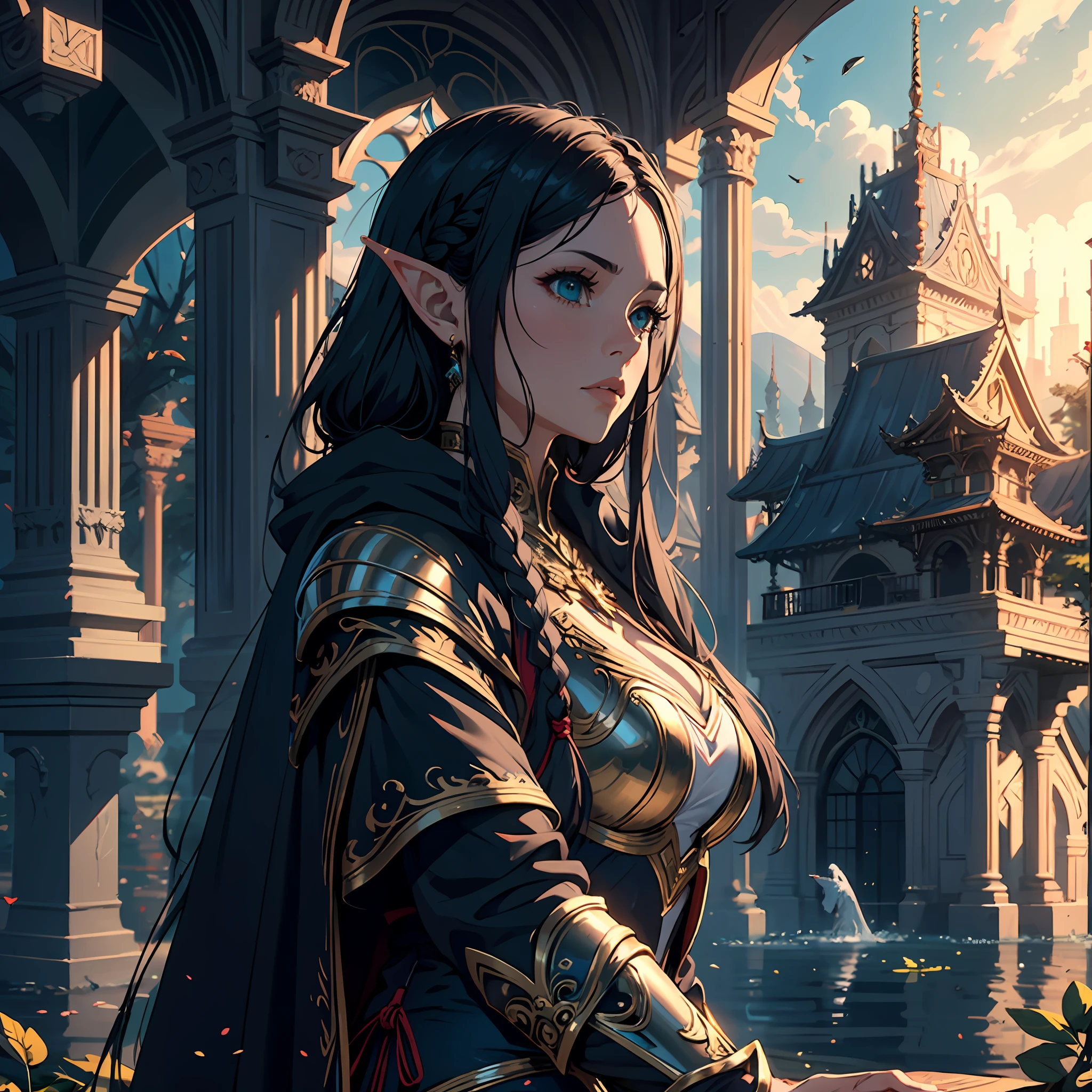 arafed, high details, best quality, 8k, [ultra detailed], masterpiece, best quality, (extremely detailed), dynamic angle, ultra wide shot, RAW, photorealistic, fantasy art, d&d art, a wide angle picture of a half elf cleric in  a temple near the lake, female, half elf (Masterpiece 1.5, intense details), black haired, green eyes, braided hair, long hair (Masterpiece, intense details), cleric, templar (1.3 Masterpiece, intense details dnd art), casting a spell (1.4 Masterpiece, intense details dnd art), wearing white plate mail armor with sigils ( 1.5 Masterpiece, intense details), carrying flaming sword (Masterpiece 1.5, intense details), wearing white cloak with sigils (Masterpiece 1.4, intense details), holy symbol, standing near a lake (Masterpiece 1.5, intense details), dawn light, backlight, dynamic angle, reflection (1.5 Masterpiece, intense details) glowing light, high details , ray tracing, reflection light, silhouette, wide shot, panorama, Ultra-Wide Angle, high detail, award winning, best quality, HD, 8K, 3D rendering, high details, best quality, highres, ultra wide angle, 3D rendering, [[anatomically correct]]