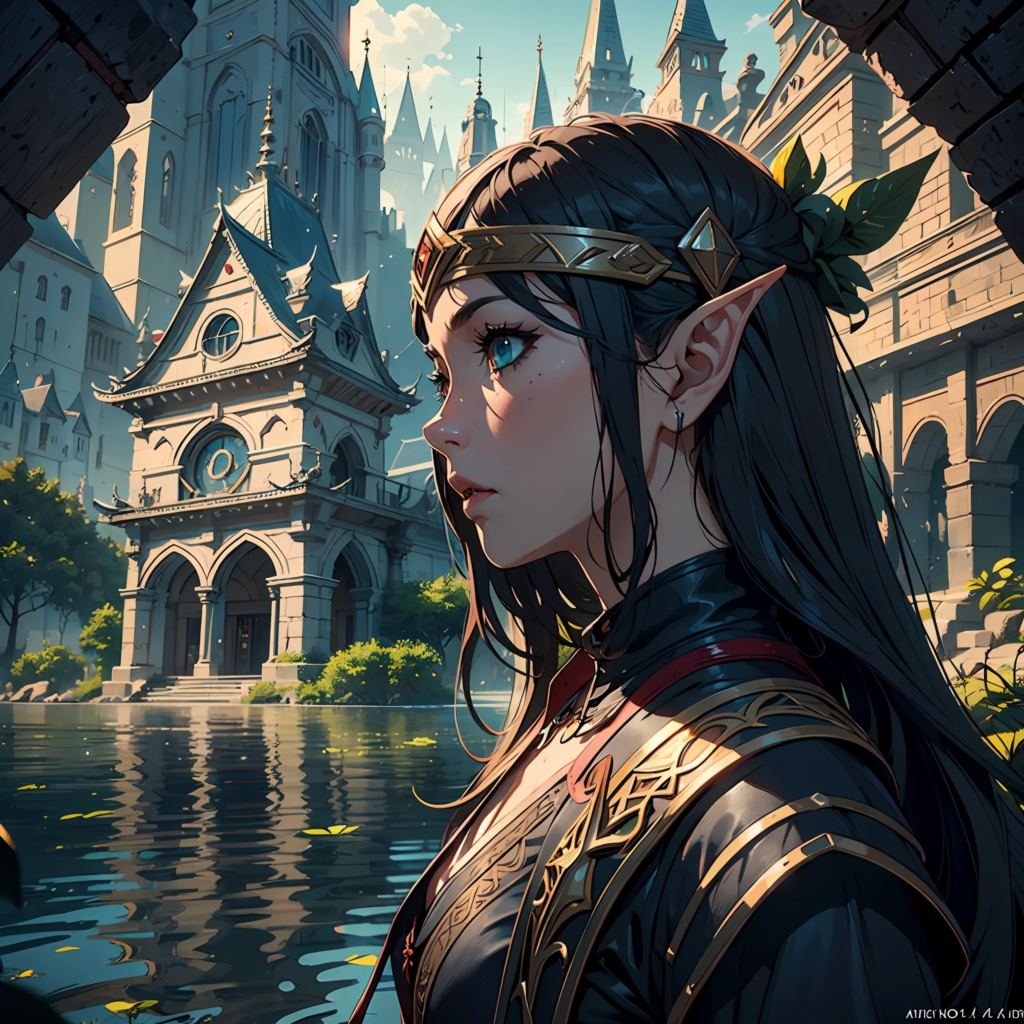 arafed, high details, best quality, 8k, [ultra detailed], masterpiece, best quality, (extremely detailed), dynamic angle, ultra wide shot, RAW, photorealistic, fantasy art, d&d art, a wide angle picture of a half elf cleric in  a temple near the lake, female, half elf (Masterpiece 1.5, intense details), black haired, green eyes, braided hair, long hair (Masterpiece, intense details), cleric, templar (1.3 Masterpiece, intense details dnd art), casting a spell (1.4 Masterpiece, intense details dnd art), wearing white plate mail armor with sigils ( 1.5 Masterpiece, intense details), carrying flaming sword (Masterpiece 1.5, intense details), wearing white cloak with sigils (Masterpiece 1.4, intense details), holy symbol, standing near a lake (Masterpiece 1.5, intense details), dawn light, backlight, dynamic angle, reflection (1.5 Masterpiece, intense details) glowing light, high details , ray tracing, reflection light, silhouette, wide shot, panorama, Ultra-Wide Angle, high detail, award winning, best quality, HD, 8K, 3D rendering, high details, best quality, highres, ultra wide angle, 3D rendering, [[anatomically correct]]