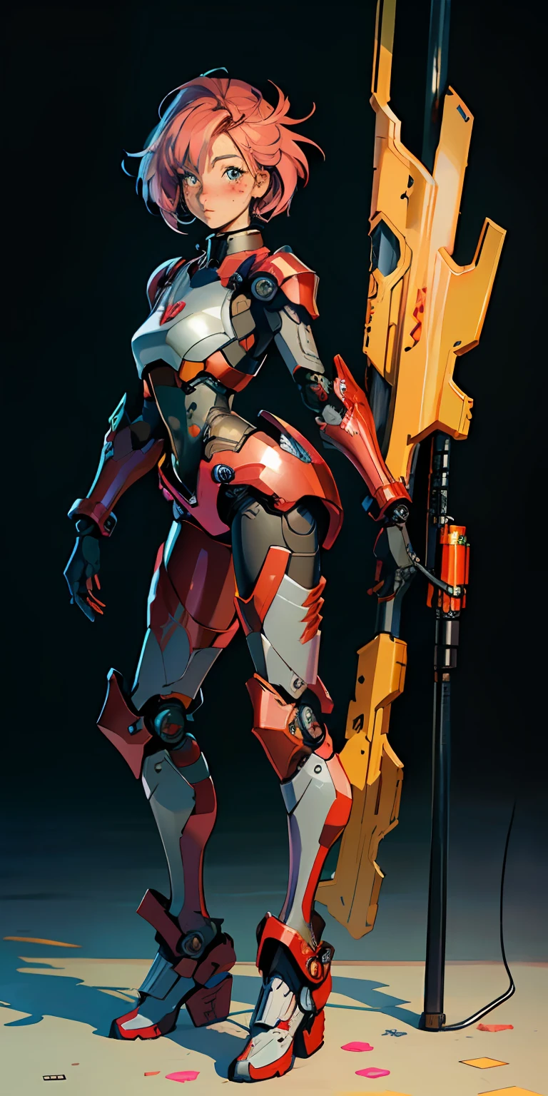 Octane Rendering,full view,8k --niji 5, (best quality, masterpiece, ultra-realistic), head and face covered with helmet, (head to toe full body image), 1girls, solo, (Bubblegum Crisis style body armor: 2.0), (Knight Saber body armor), female shape, robotic exoskeleton, sleek design, futuristic, late 90's anime style, smooth lines, powered exoskeleton, extremely stylized, deviant art, masterpiece, highly detailed, tokyo cyberpunk style, futuristic, blush, small breasts, lots of freckles, super textured detailed skin, entire body image, full body shot, Bubblegum Crash anime,