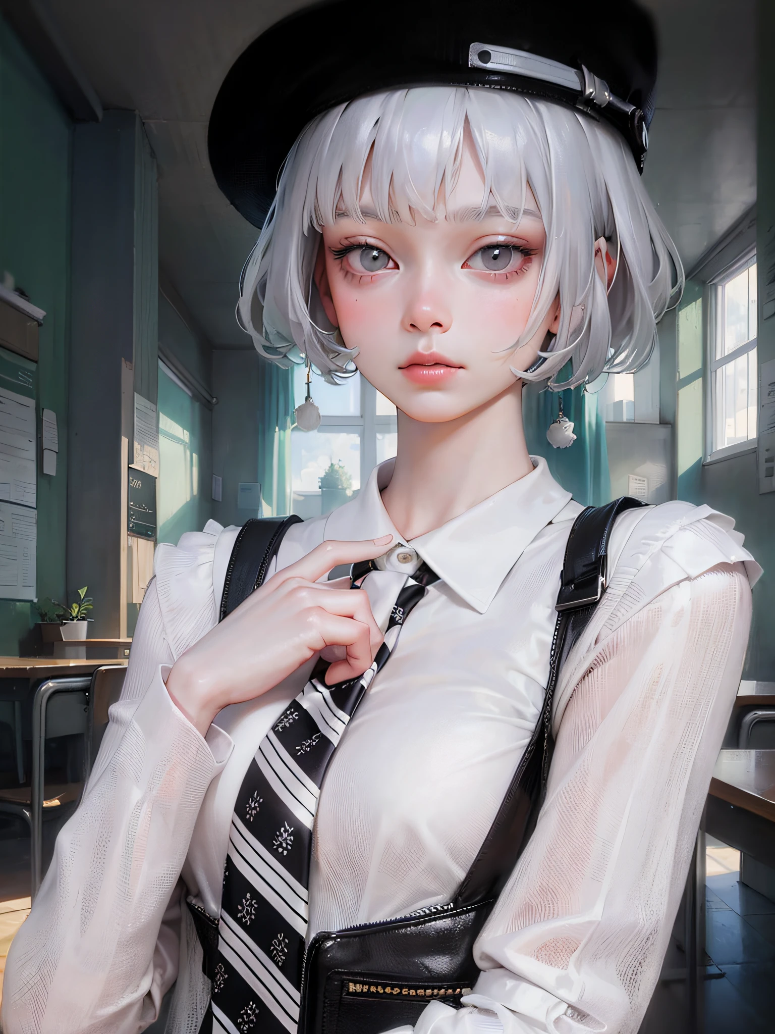 There is a woman in a tie and hat posing for a photo, Surrealism female students, Surrealism female students, Realistic schoolgirl, Kawaii realistic portrait, Shot on Canon EOS R 6,