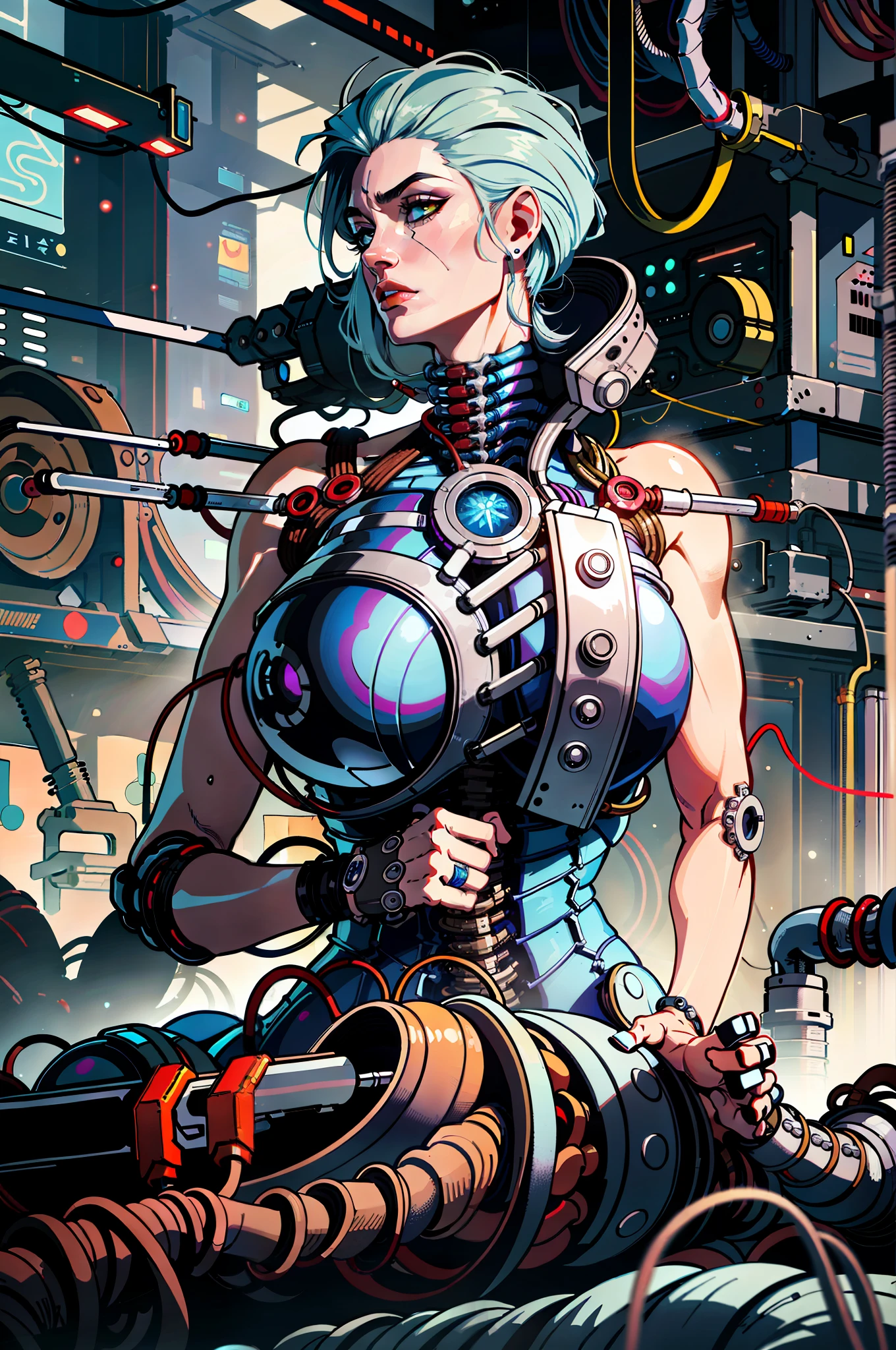 (absurdres, highres, ultra detailed), (a cyberpunk gunsmith in her workshop), huge breasts, strong, a little dirty, solo, mature, cinematic light,(machine made joints:1.2),((machanical limbs)),(vessels connected to tubes),(mechanical vertebra attaching to back),((mechanical cervial attaching to neck)),(sitting),expressionless,(wires and cables attaching to neck:1.2),(wires and cables on head:1.2)(character focus),science fiction