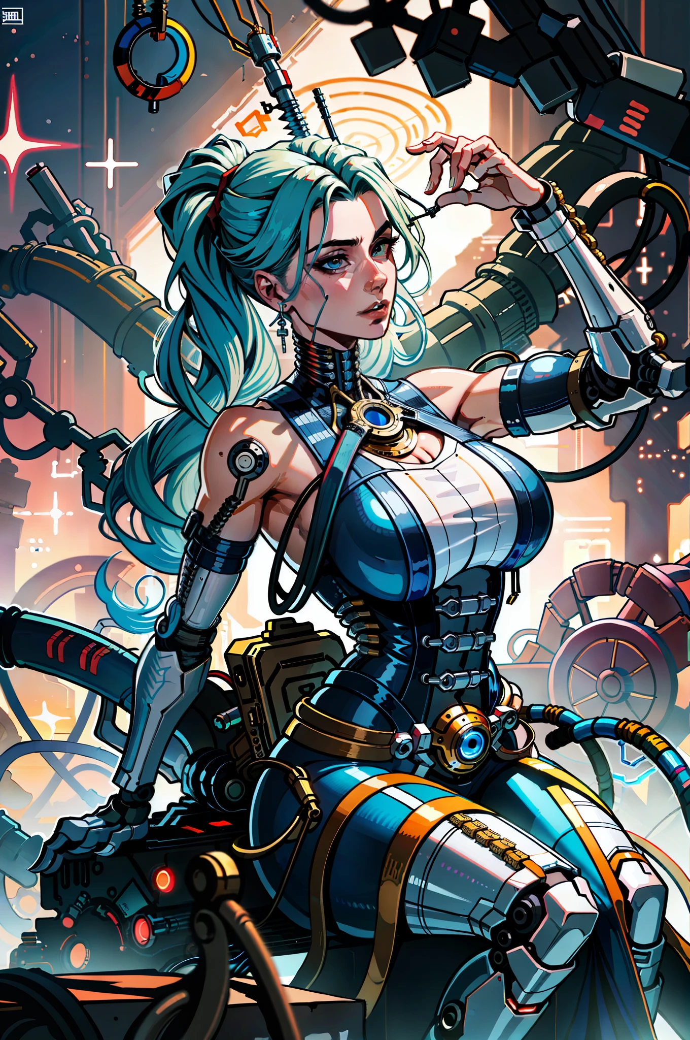 (absurdres, highres, ultra detailed), (a cyberpunk gunsmith in her workshop), huge breasts, strong, a little dirty, solo, mature, cinematic light,(machine made joints:1.2),((machanical limbs)),(vessels connected to tubes),(mechanical vertebra attaching to back),((mechanical cervial attaching to neck)),(sitting),expressionless,(wires and cables attaching to neck:1.2),(wires and cables on head:1.2)(character focus),science fiction