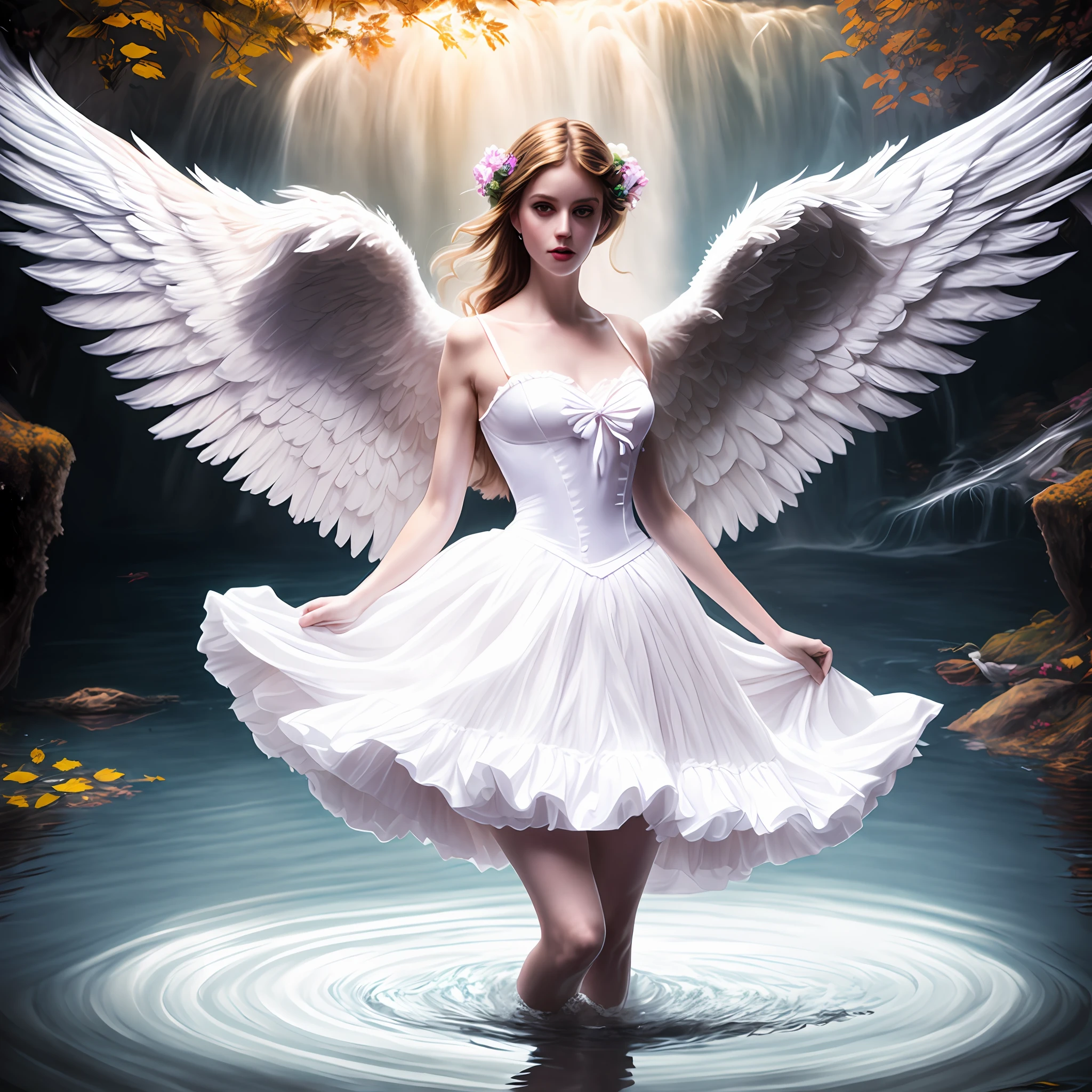 photo (fallenangel style:1) a digital painting of an (attractive angel:1) standing in the water wearing a white silk corset and ballerina skirt