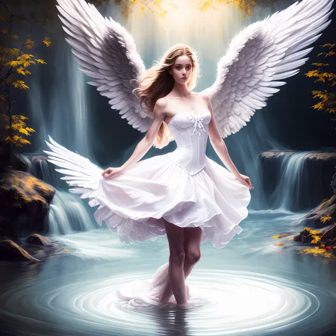 photo (fallenangel style:1) a digital painting of an (attractive angel:1) standing in the water wearing a white silk corset and ...