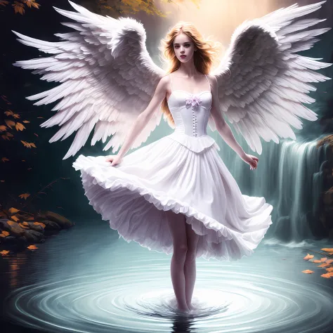 photo (fallenangel style:1) a digital painting of an (attractive angel:1) standing in the water wearing a white silk corset and ...