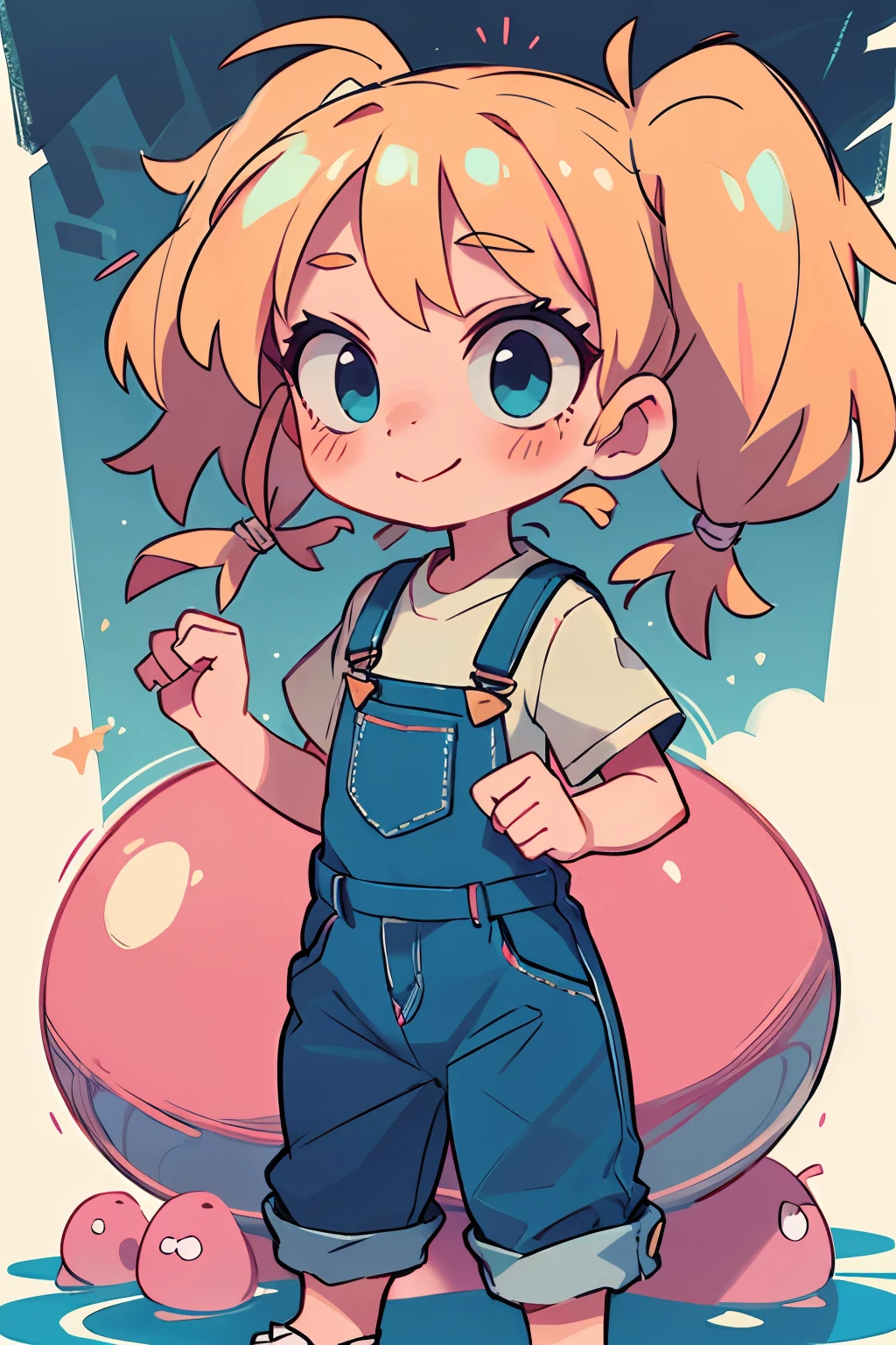masterpiece, beautiful, 4k, detailed, intricate details, , , overalls, jean overalls, cuffed overalls, blonde hair, long blonde pigtails, hair ballies, pink hair tie balls, long flowing pigtails, soft blue eyes, soft smile, slight smile, hands back, standing on the balls of her feet, 1girl, rocking, shirtless, overalls over skin