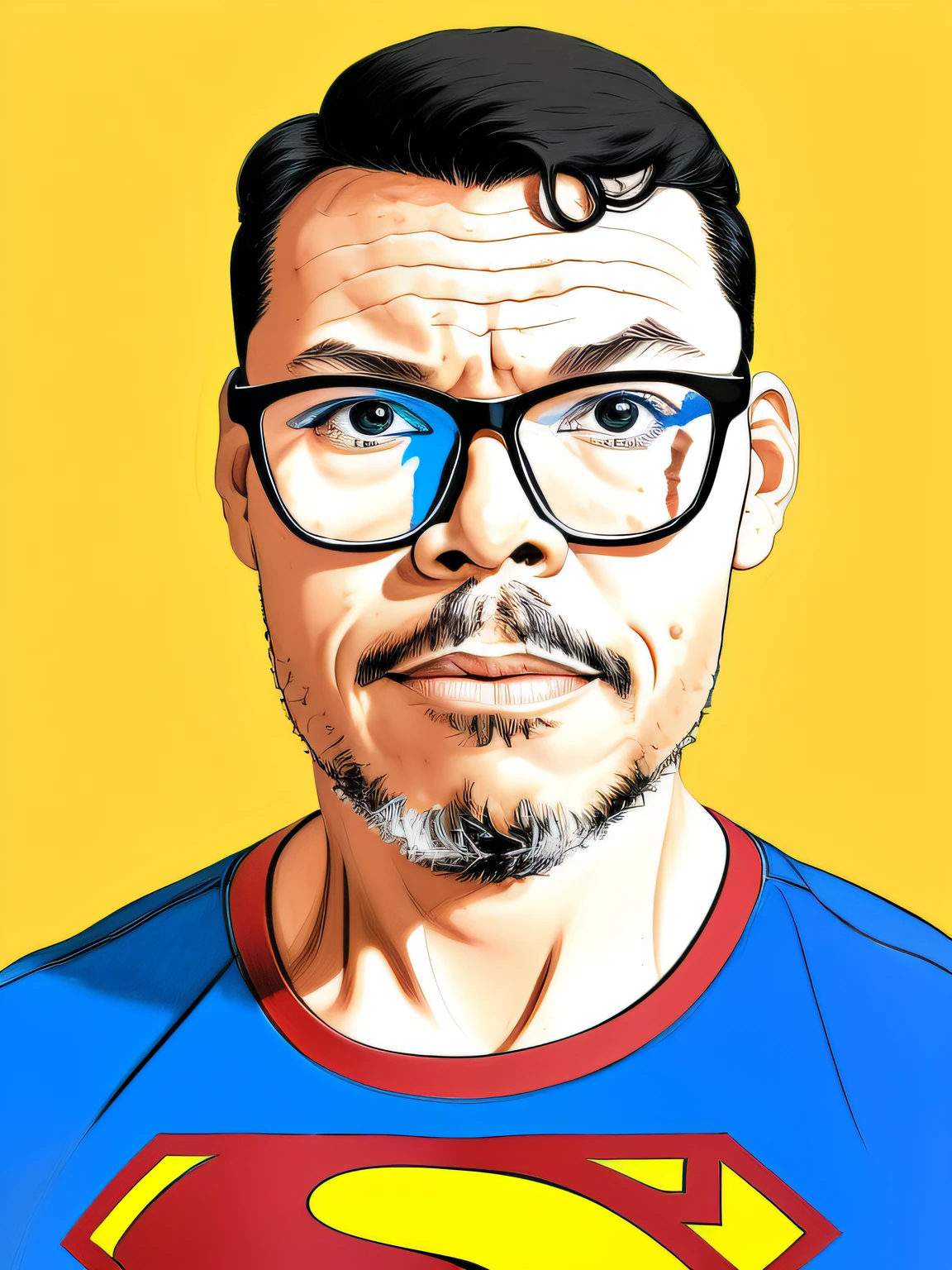 guttonerdjul23, (((retrato))) de un (((niño de 3 años))) usando lentes, Ojos café oscuro, com o uniforme do superman, Arte de dibujos animados dibujado ilustrado con pinceladas amplias al estilo de Alex Ross