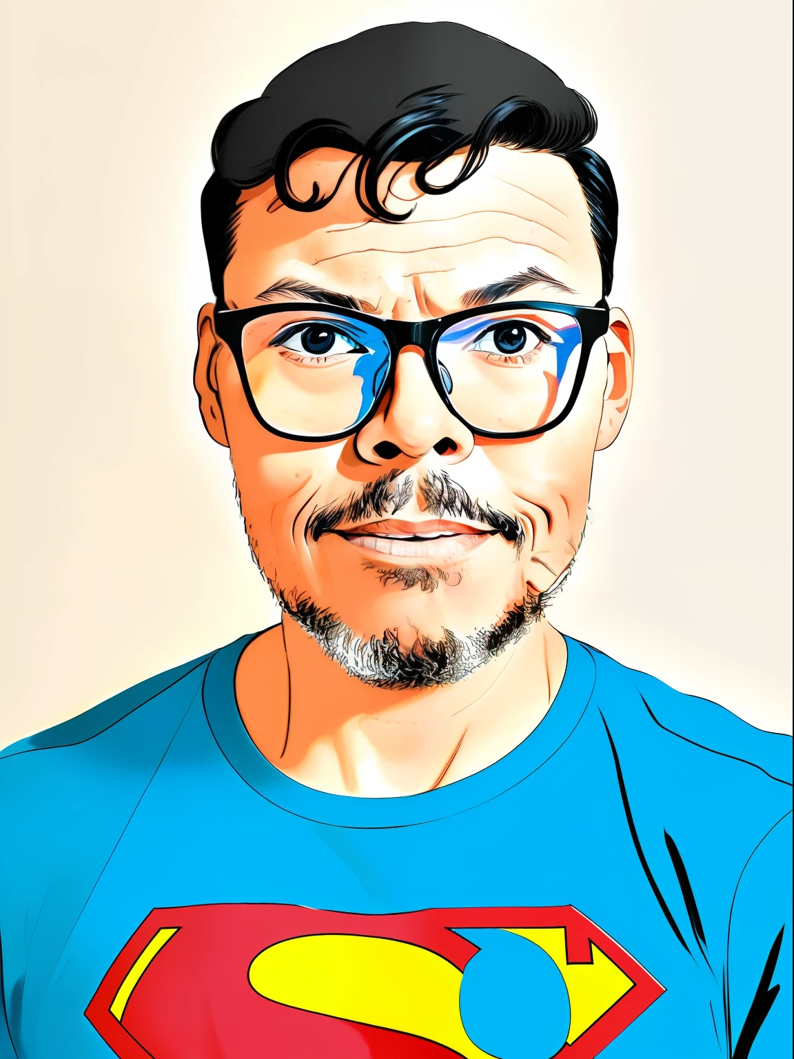 guttonerdjul23, (((retrato))) de um (((garoto de 3 anos de idade))) usando oculos, olhos castanhos escuro, com o uniforme do superman, Arte dos desenhos animados Desenhado ilustrado com pinceladas largas no estilo de Alex Ross