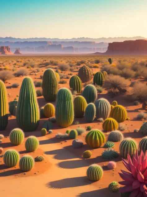 A desert landscape with a large number of different cacti in a variety of colors. The cacti are in bloom, arranged in a row and seem to be growing in a savannah environment. colorful, vivid colors, natural lighting, Intricate, insanely detailed, global illumination, vray tracking style, ultra realistic, natural lighting, cinematic, octane rendering, dslr, 32k