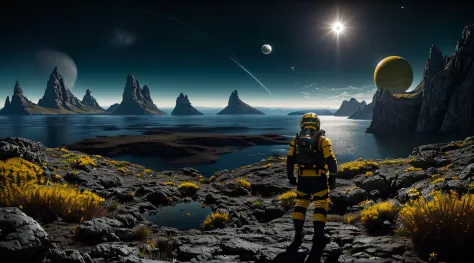 rear angle, highly detailed RAW color photo, masterpiece, high angle, rear angle, full body, of (1 male space soldier, wearing black and yellow space suit, helmet, face shield, rebreather), outdoor, (looking at big lake, on alien planet), toned body, (scie...