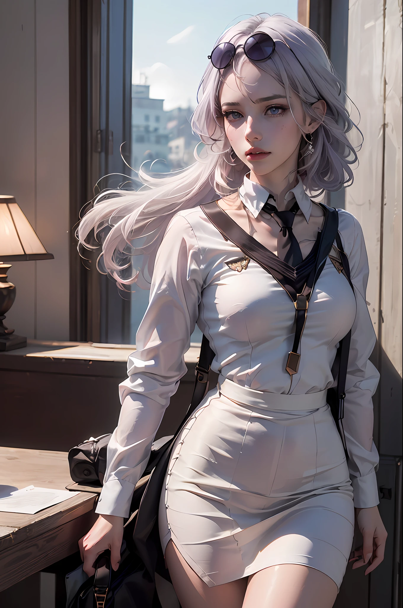 realistic,( photo-realistic), ultra hires, (masterpiece, top quality, best quality, official art, beautiful and aesthetic, raw photo:1.4),(high detailed skin:1.2), ultra realistic, 8k
1girl,  kafka, purple eyes, white hair, eyewear on head, sunglasses, narrow waist, dynamic pose, dynamic angle,
(school uniform:1.2),