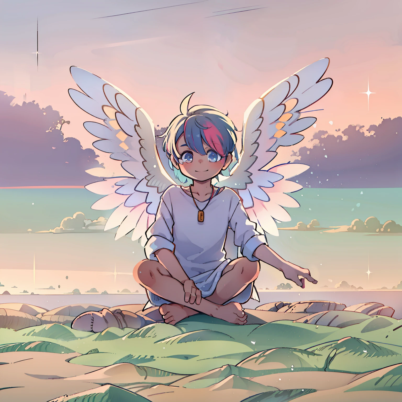 4K), Cute 7 year old little boy with small feet and short legs with colorful hair and barefoot and white clothes and wings on his back , Sit on the beach and put your feet in the air, Nebel Licht, Impressionismus, 2D, Focused on the feet