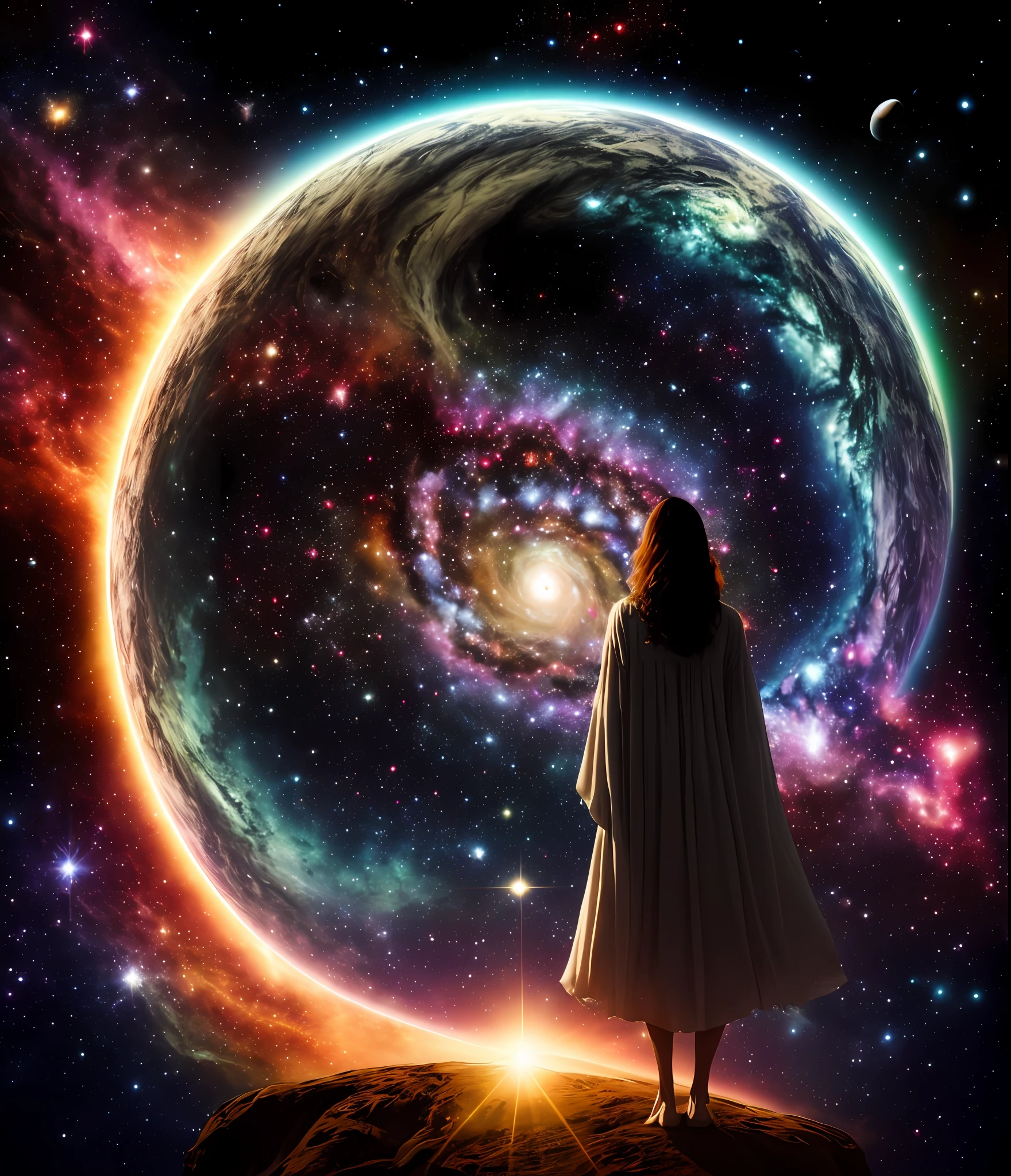 Woman at edge of creation of the universe